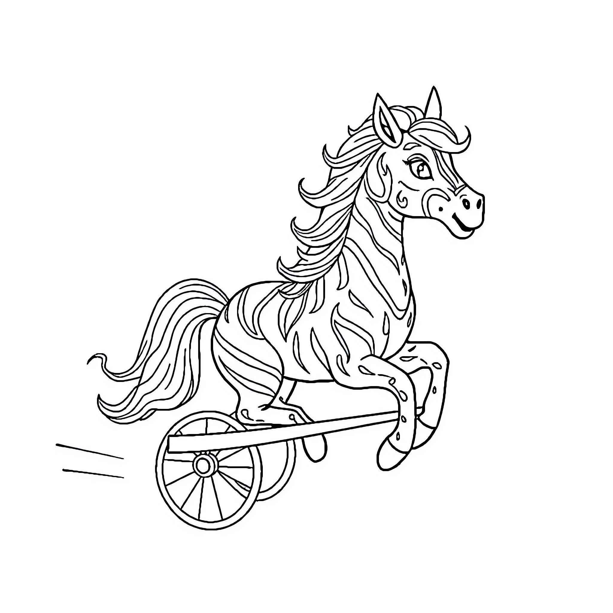 Zebra riding on a toy cart Coloring Page (free black-and-white line drawing printable PDF for all, from beginners to advanced learners, including children, teens, adults, and seniors)