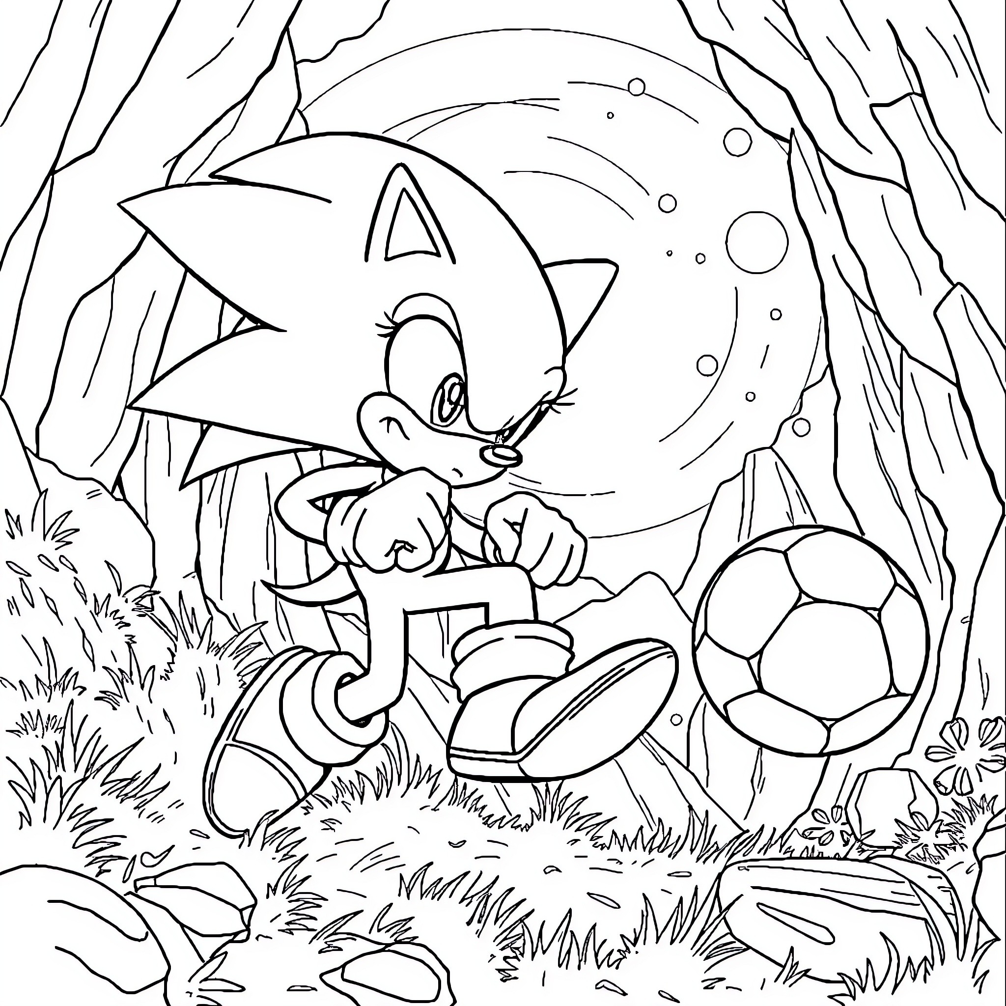 Sonic enjoying a game of soccer in the forest Coloring Page (free black-and-white line drawing printable PDF for all, from beginners to advanced learners, including children, teens, adults, and seniors)