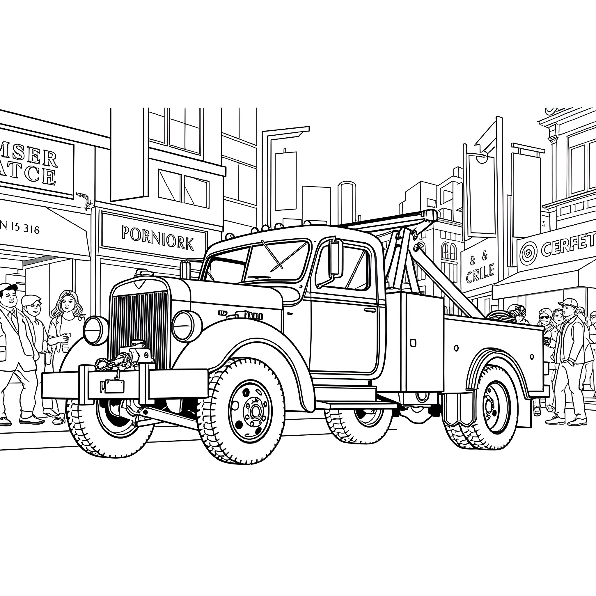 Tow Truck Assisting Stranded Vehicle on City Street Coloring Page (free black-and-white line drawing printable PDF for all, from beginners to advanced learners, including children, teens, adults, and seniors)
