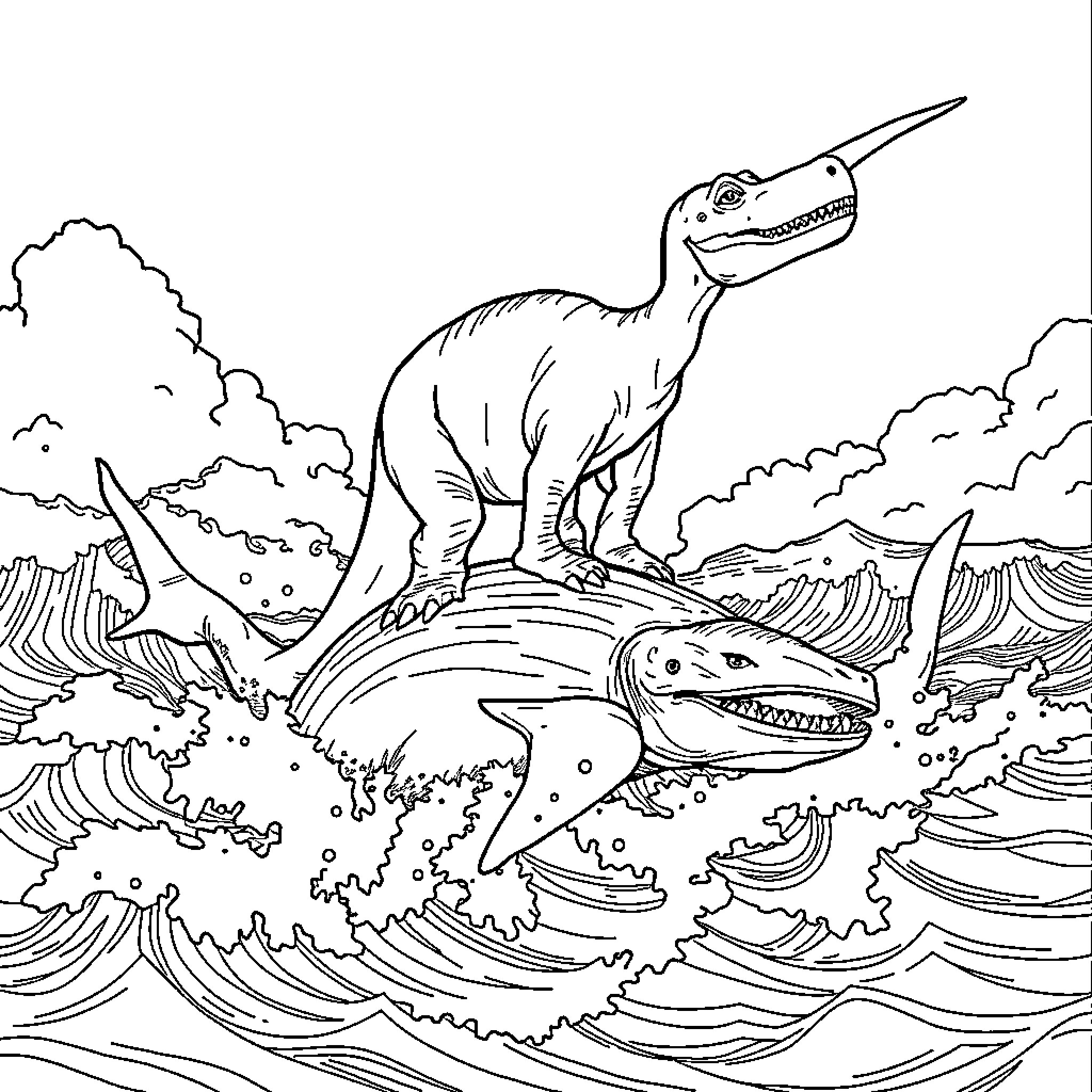Sauropod Dinosaurs Roaming in Prehistoric Seascape Coloring Page (free black-and-white line drawing printable PDF for all, from beginners to advanced learners, including children, teens, adults, and seniors)