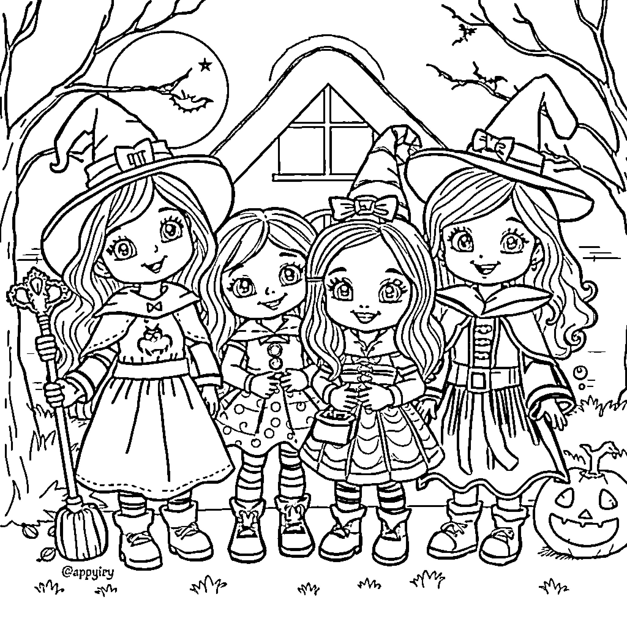 Gabby's Dollhouse: Three witchy friends in Halloween costumes Coloring Page (free black-and-white line drawing printable PDF for all, from beginners to advanced learners, including children, teens, adults, and seniors)