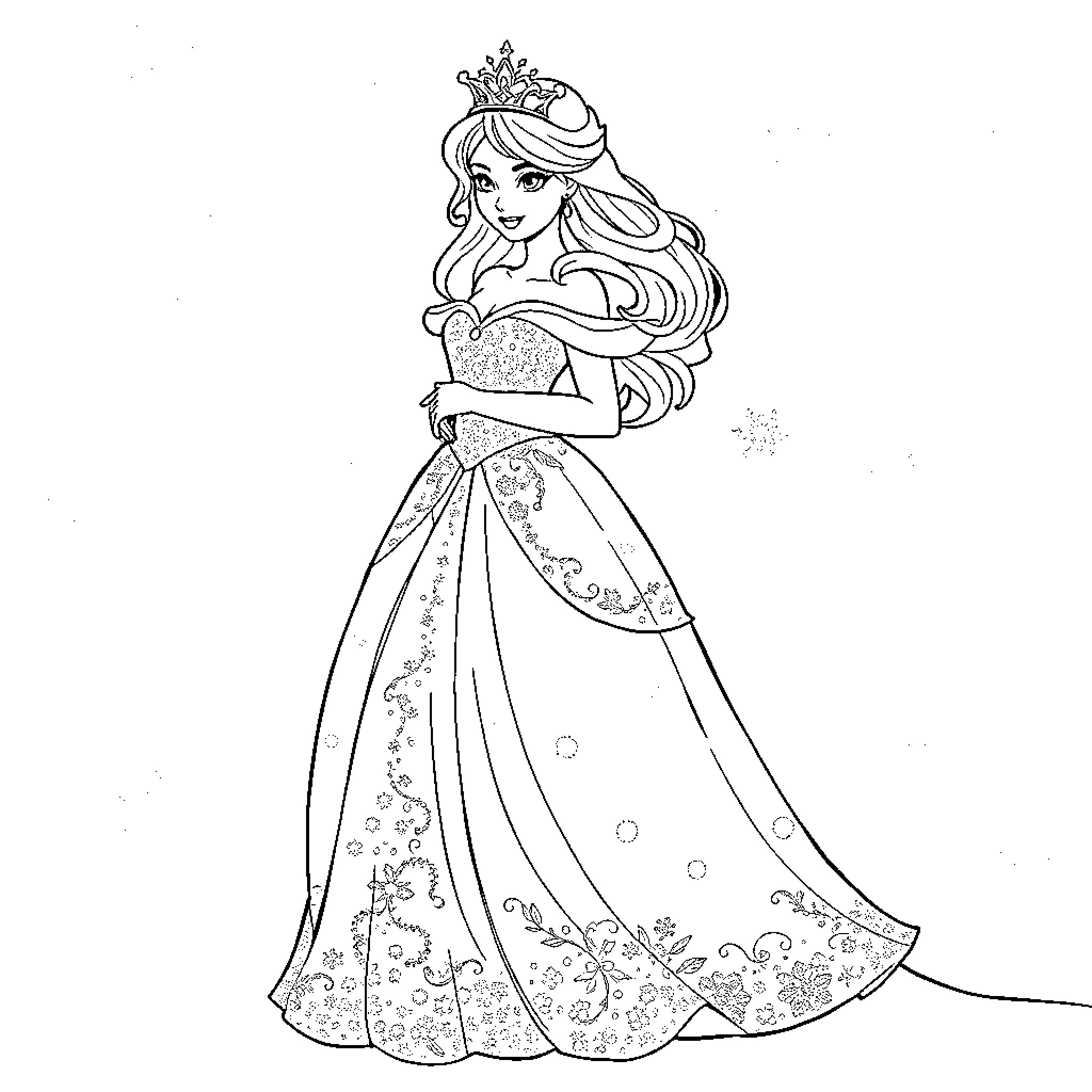 Christmas Princess in Elegant Gown Coloring Page (free black-and-white line drawing printable PDF for all, from beginners to advanced learners, including children, teens, adults, and seniors)