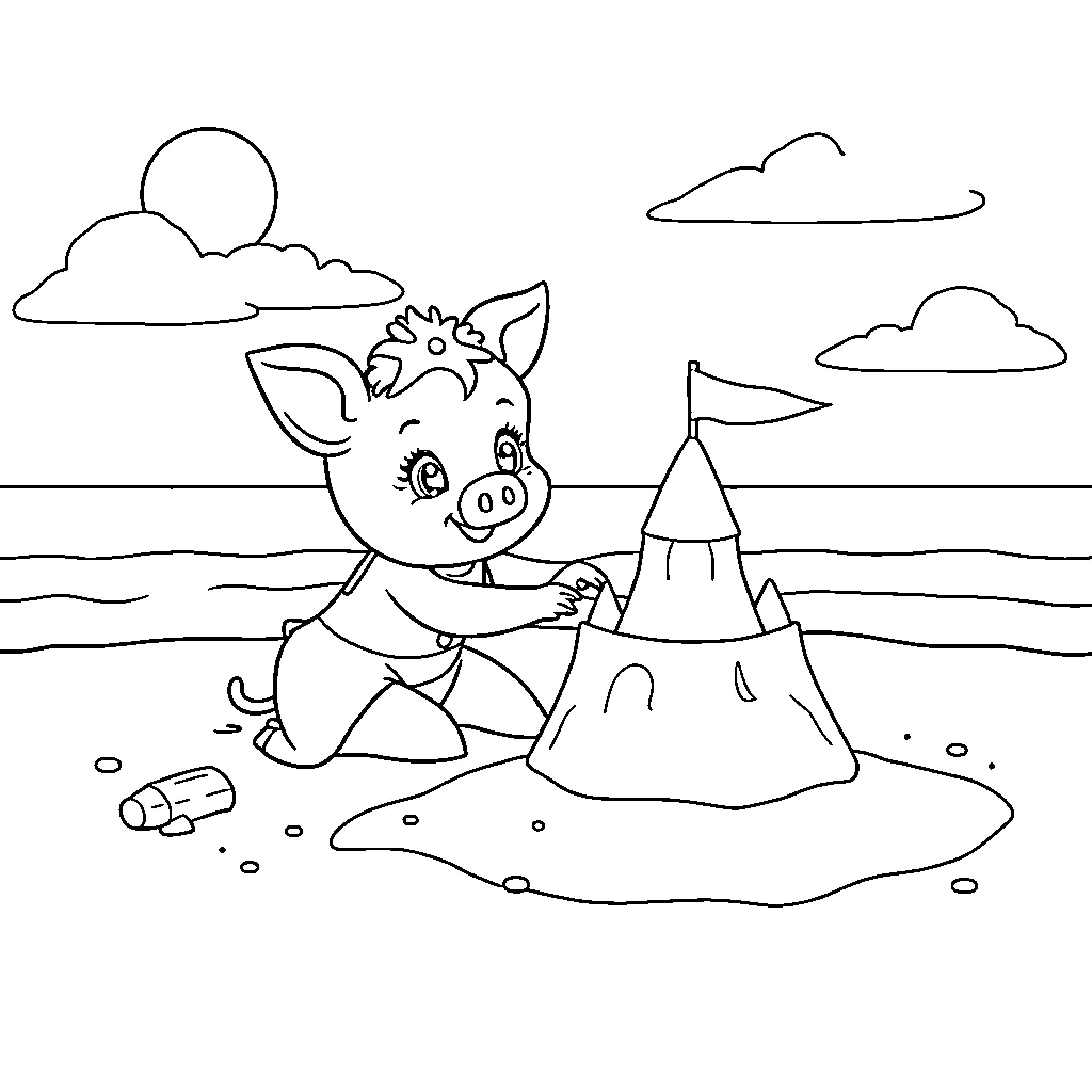 Piglet building a sandcastle at the beach Coloring Page (free black-and-white line drawing printable PDF for all, from beginners to advanced learners, including children, teens, adults, and seniors)