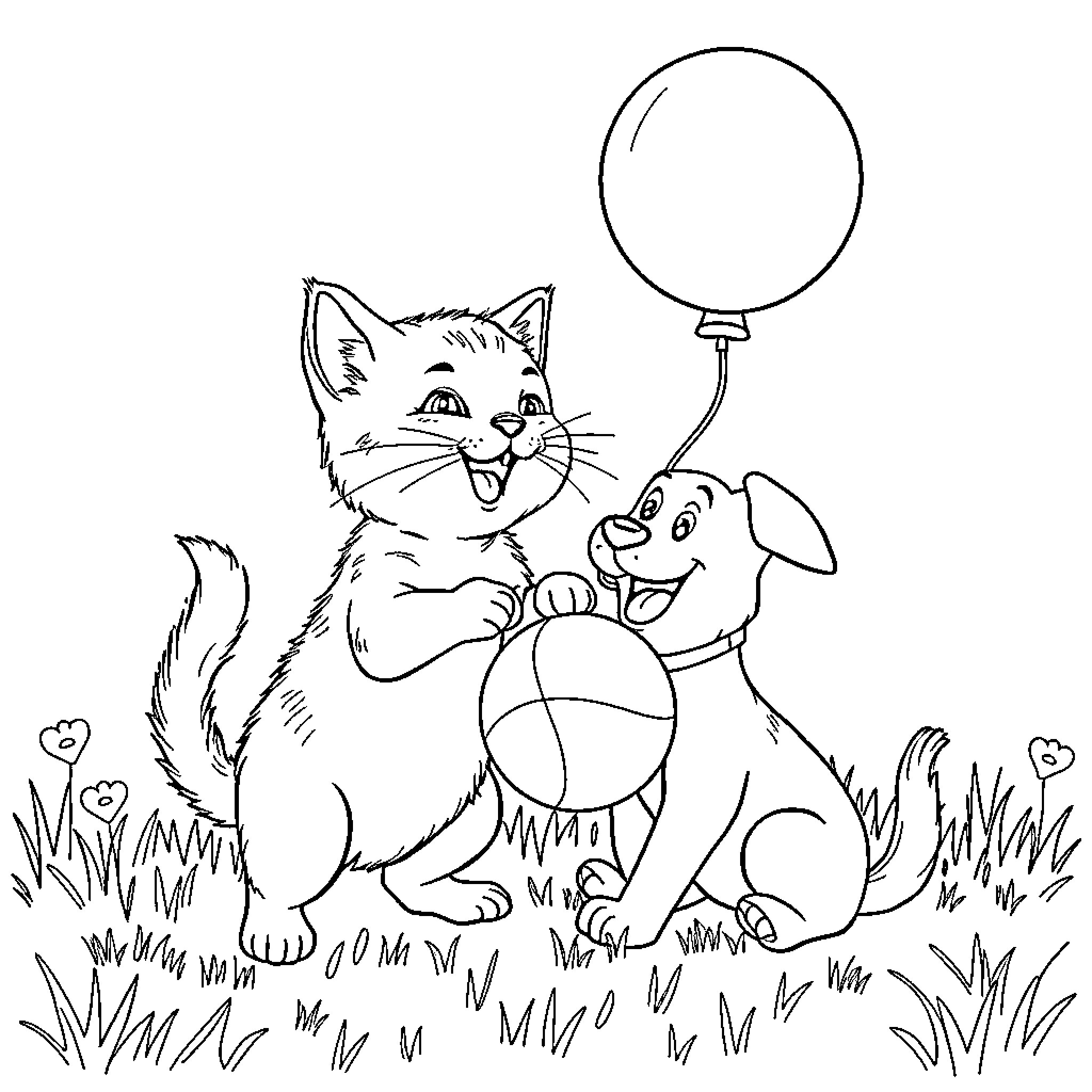 Cat and Dog Playing with Balloon Coloring Page (free black-and-white line drawing printable PDF for all, from beginners to advanced learners, including children, teens, adults, and seniors)