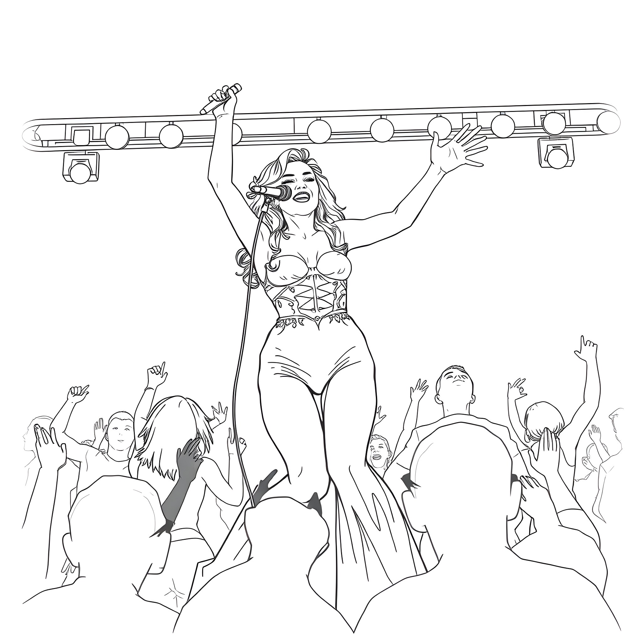 Madonna Performing for Enthusiastic Crowd Coloring Page (free black-and-white line drawing printable PDF for all, from beginners to advanced learners, including children, teens, adults, and seniors)