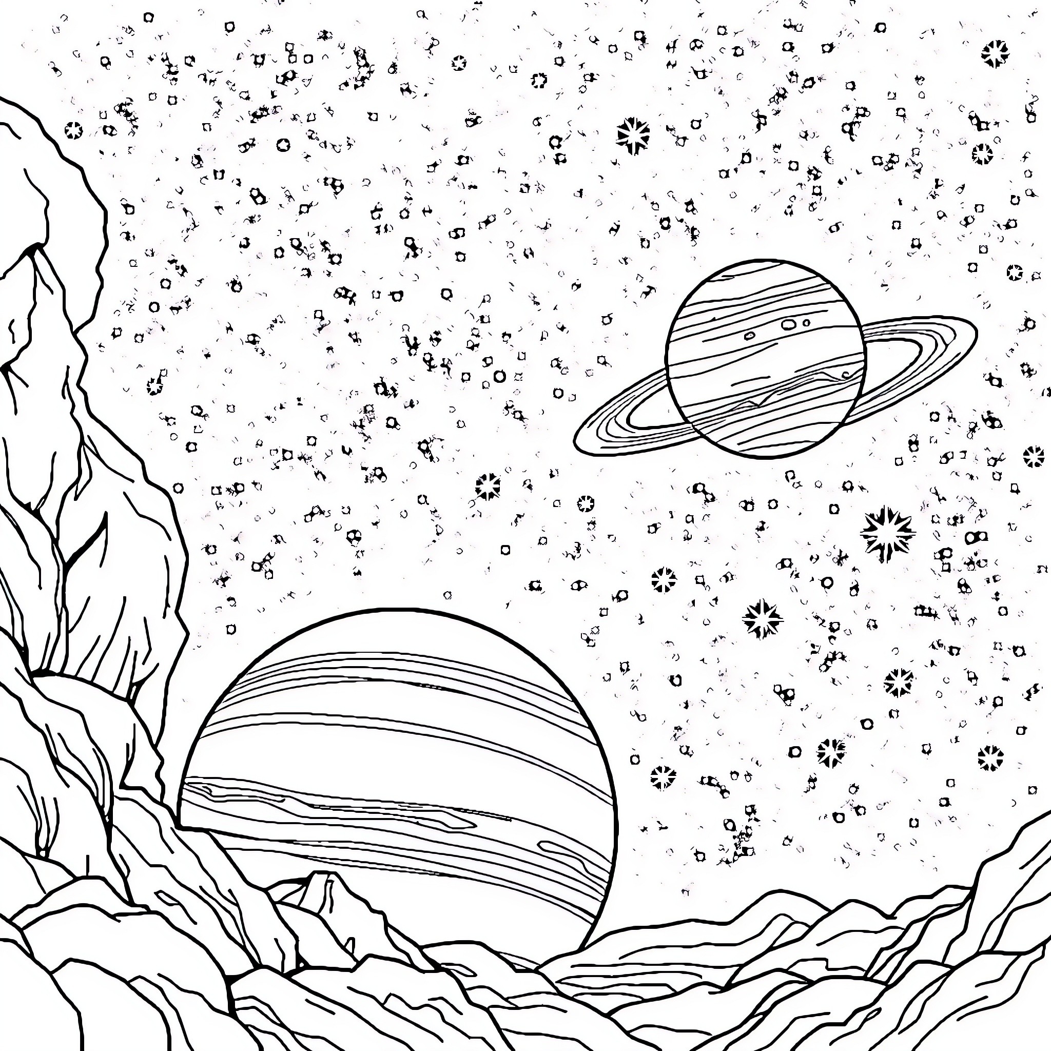 Jupiter's Celestial Splendor Coloring Page (free black-and-white line drawing printable PDF for all, from beginners to advanced learners, including children, teens, adults, and seniors)