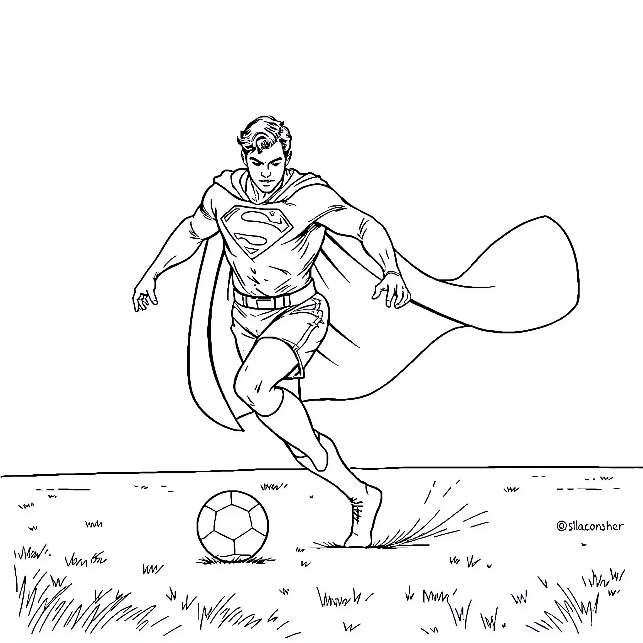 Superman kicking a soccer ball on the field Coloring Page (free black-and-white line drawing printable PDF for all, from beginners to advanced learners, including children, teens, adults, and seniors)