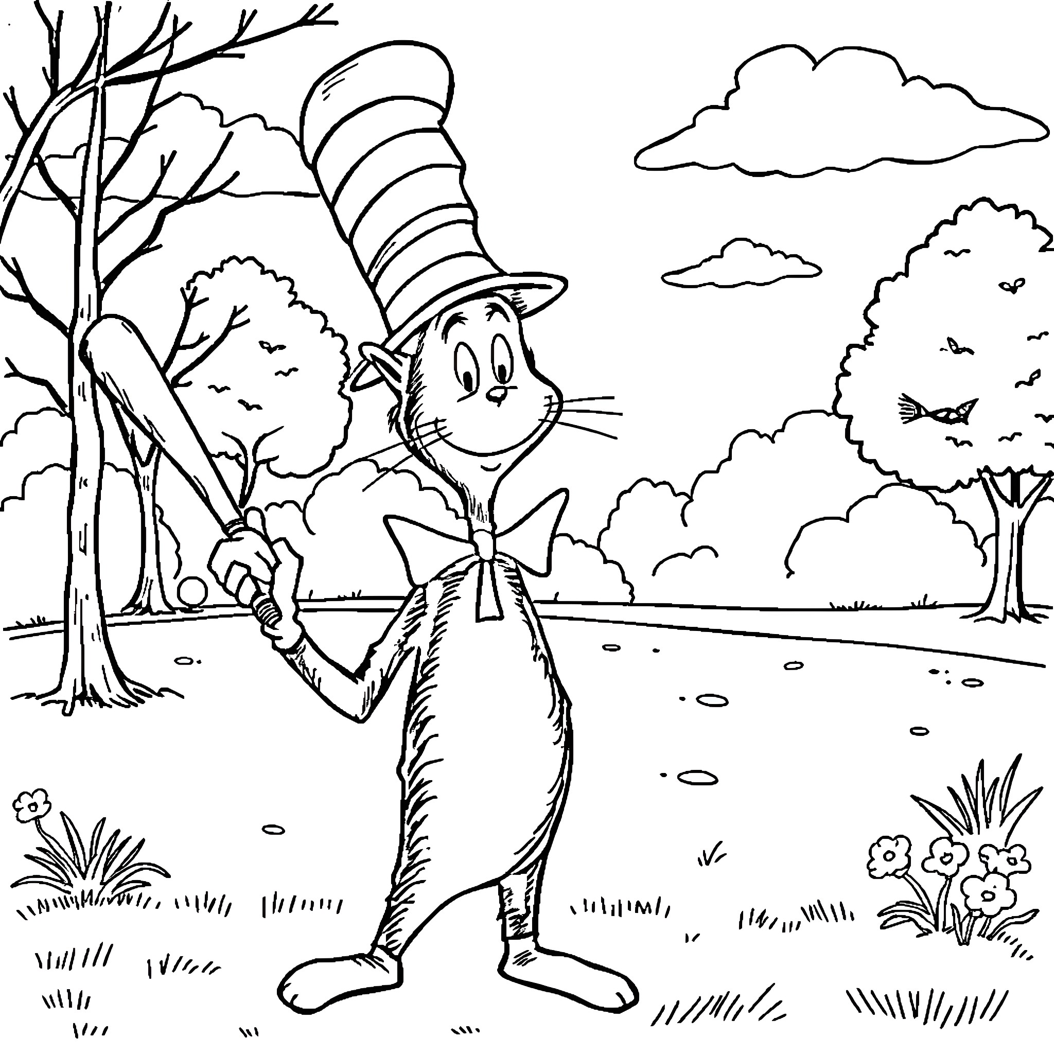 Cat in the Hat exploring the forest scenery Coloring Page (free black-and-white line drawing printable PDF for all, from beginners to advanced learners, including children, teens, adults, and seniors)