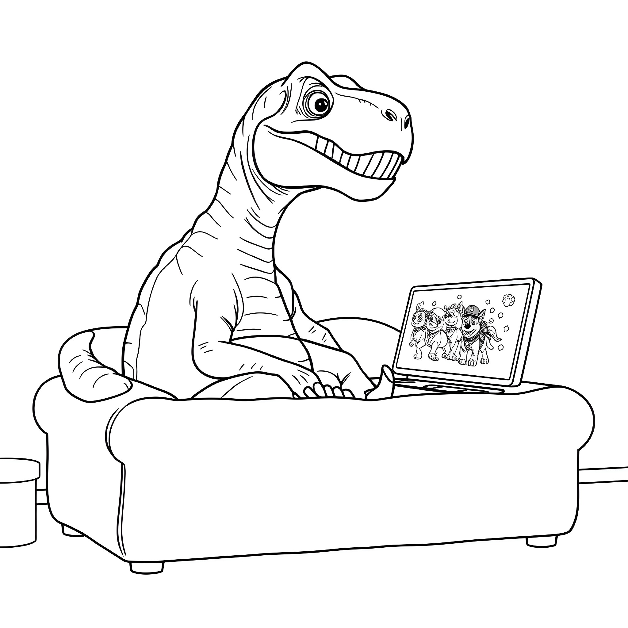 T-Rex relaxing on the couch and watching TV Coloring Page (free black-and-white line drawing printable PDF for all, from beginners to advanced learners, including children, teens, adults, and seniors)