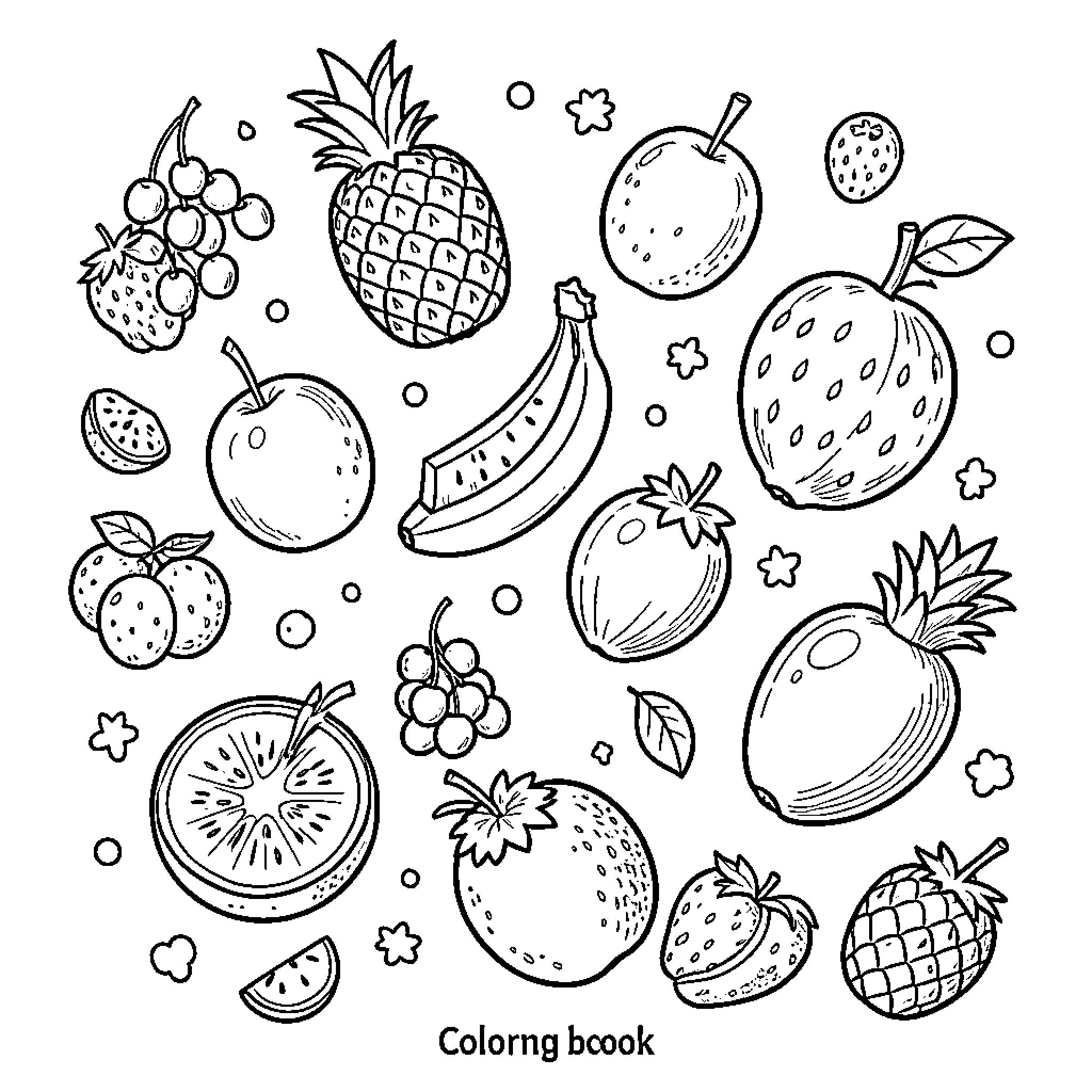 Fruit Doodles in Coloring Book Style Coloring Page (free black-and-white line drawing printable PDF for all, from beginners to advanced learners, including children, teens, adults, and seniors)