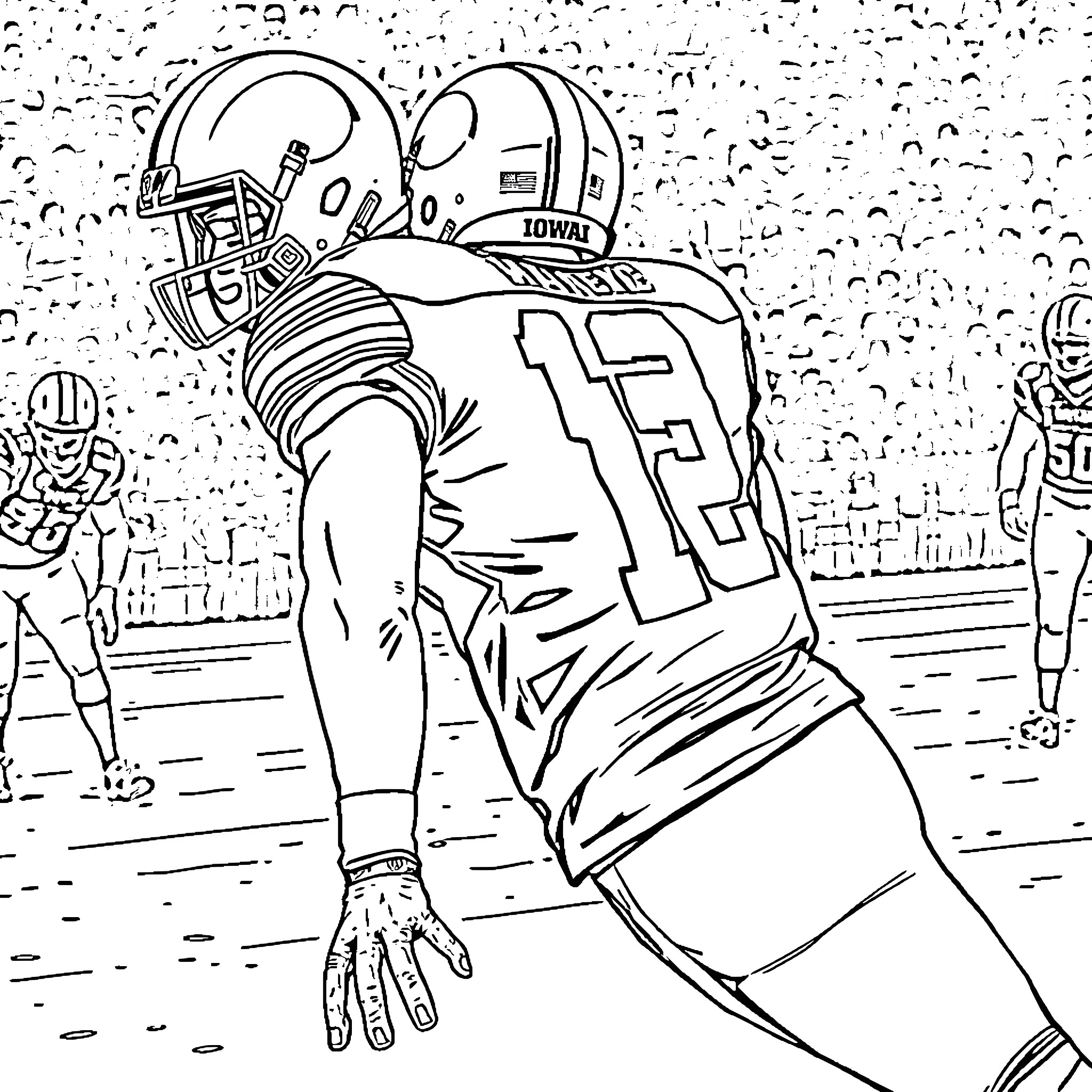 Iowa Hawkeye football player in action Coloring Page (free black-and-white line drawing printable PDF for all, from beginners to advanced learners, including children, teens, adults, and seniors)