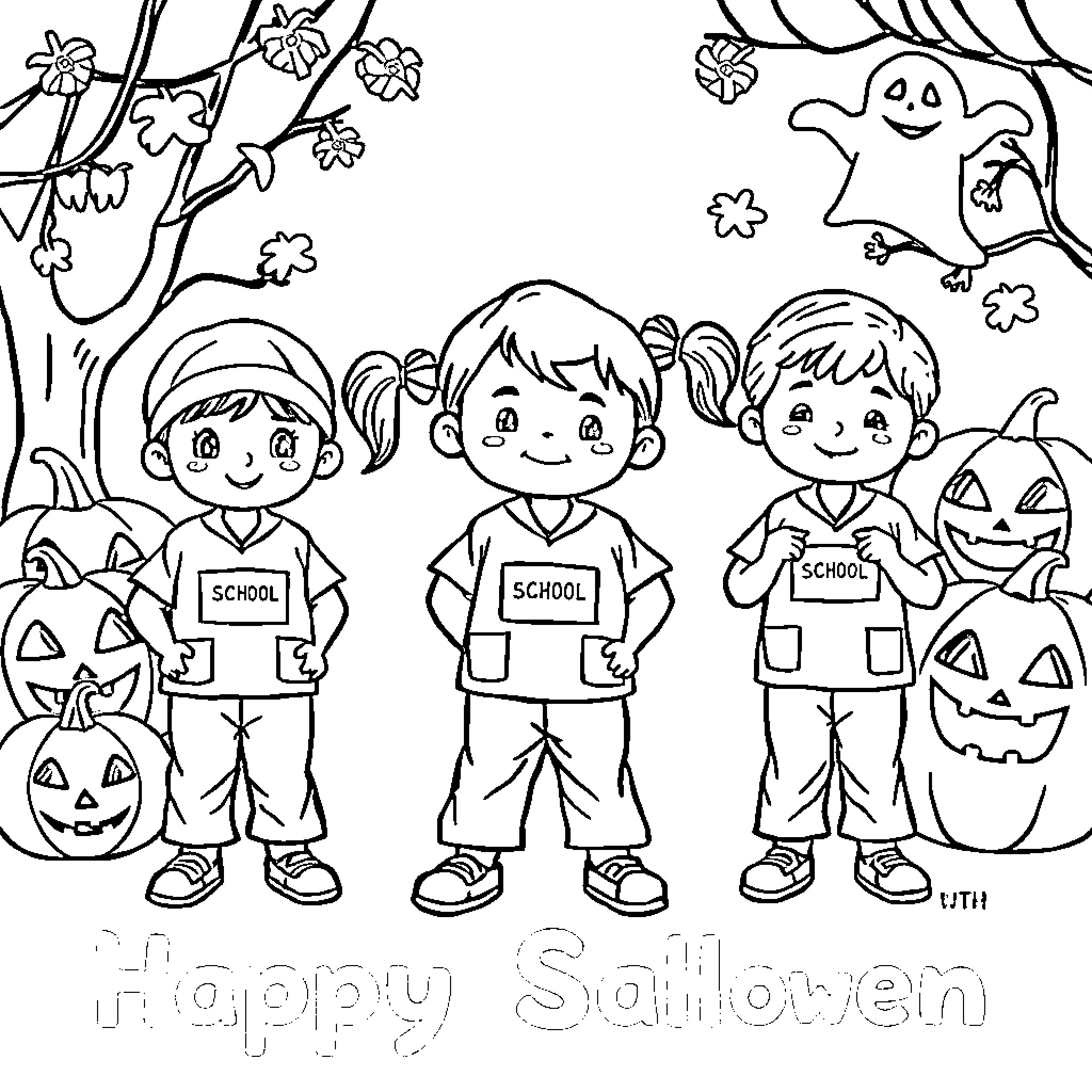 Child characters in Halloween scene Coloring Page (free black-and-white line drawing printable PDF for all, from beginners to advanced learners, including children, teens, adults, and seniors)