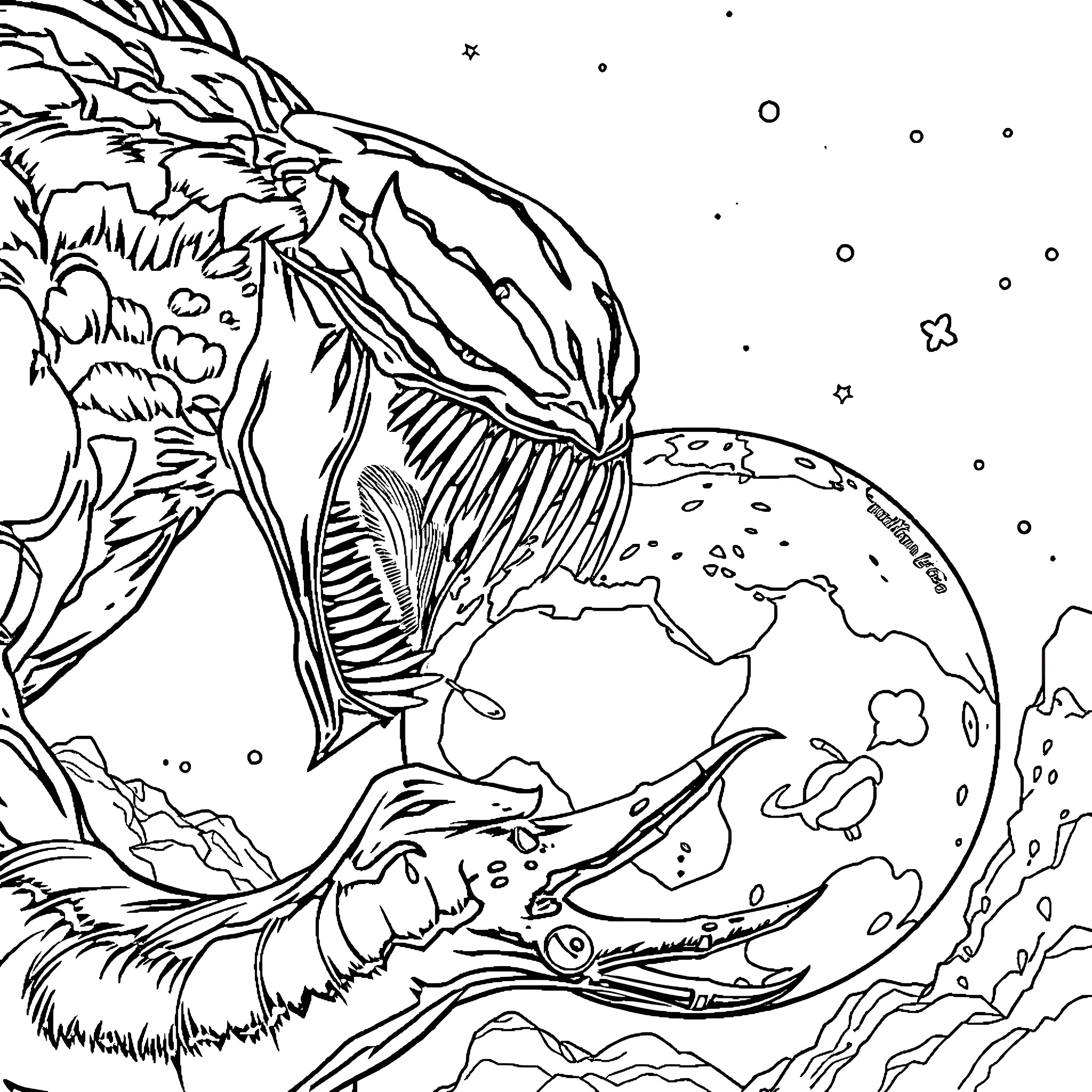 Venom's Fearsome Underwater Hunt Coloring Page (free black-and-white line drawing printable PDF for all, from beginners to advanced learners, including children, teens, adults, and seniors)