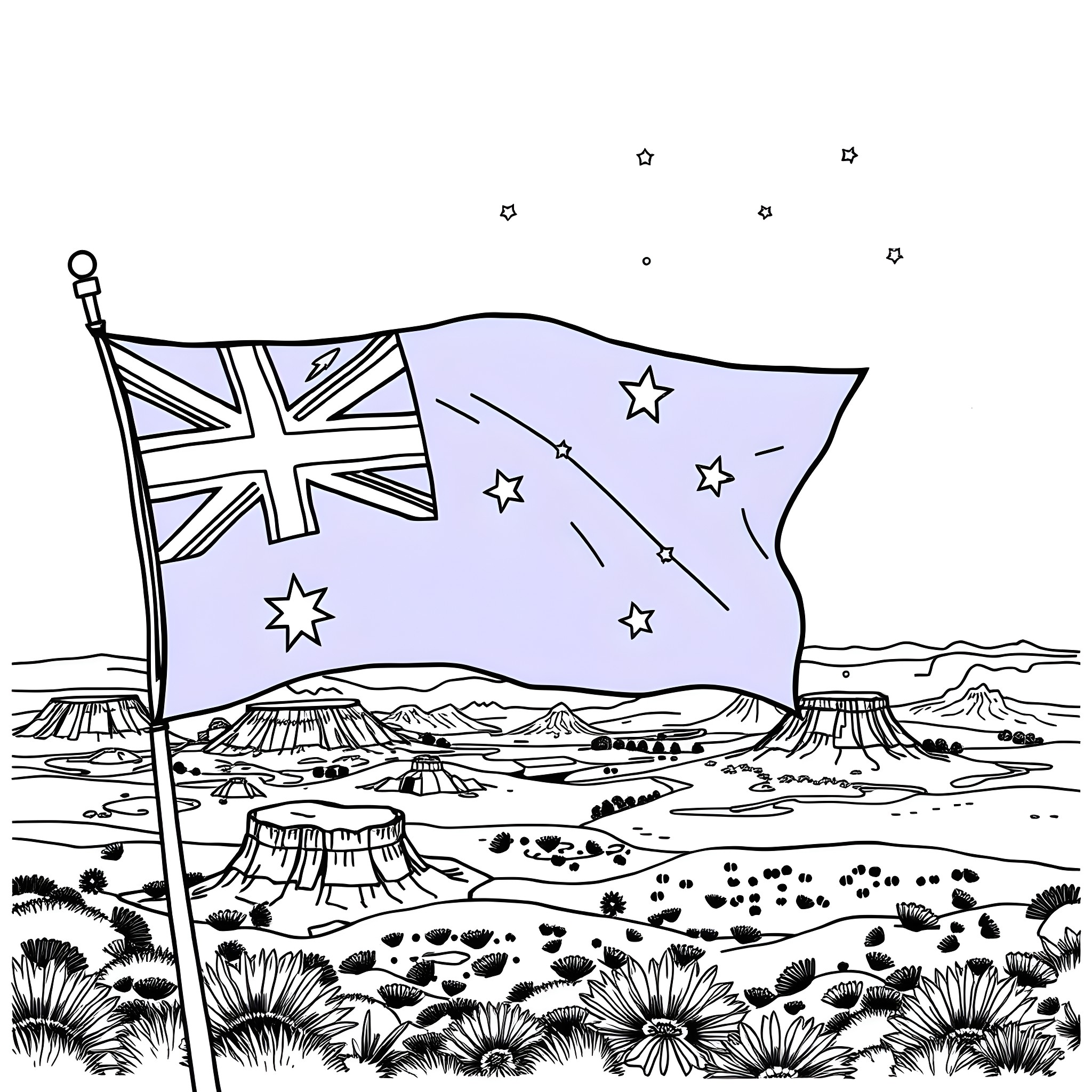 Australian Flag waving over a desert landscape Coloring Page (free black-and-white line drawing printable PDF for all, from beginners to advanced learners, including children, teens, adults, and seniors)