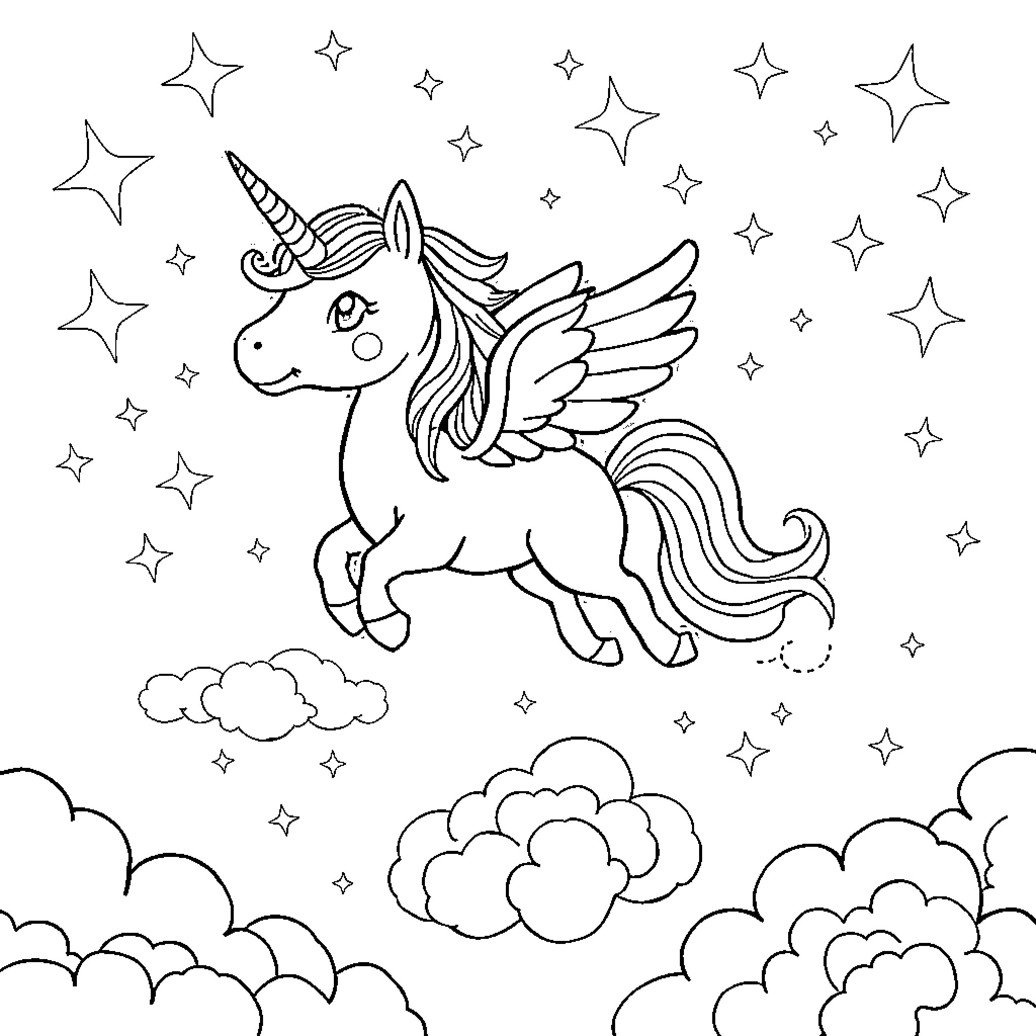 Unicorn soaring through the magical night sky Coloring Page (free black-and-white line drawing printable PDF for all, from beginners to advanced learners, including children, teens, adults, and seniors)