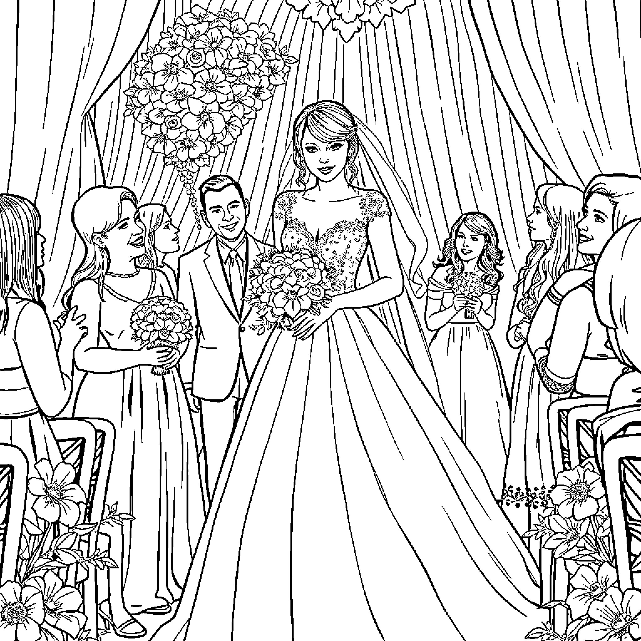 Taylor Swift's Elegant Wedding Celebration Coloring Page (free black-and-white line drawing printable PDF for all, from beginners to advanced learners, including children, teens, adults, and seniors)