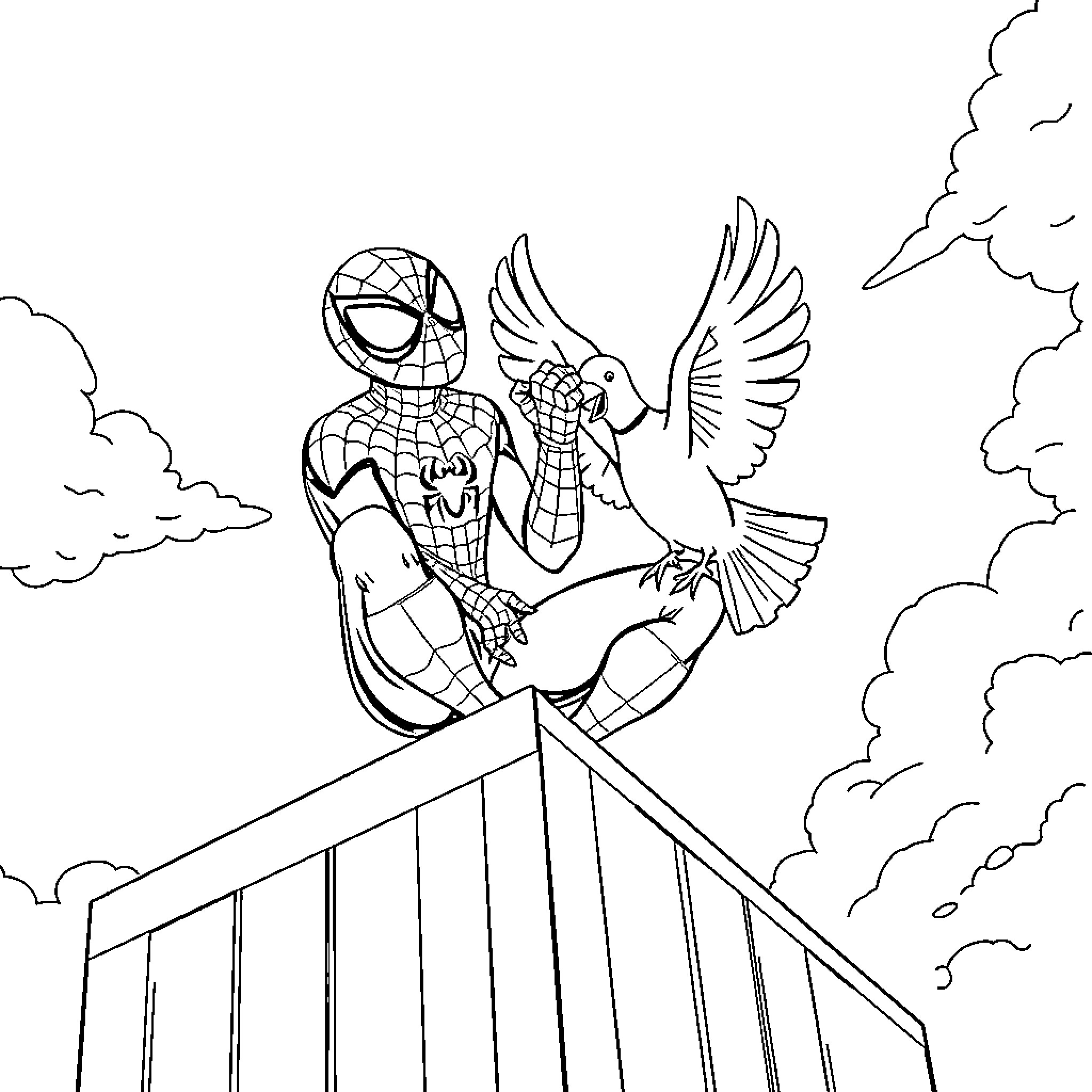 Spiderman swinging with a bird companion Coloring Page (free black-and-white line drawing printable PDF for all, from beginners to advanced learners, including children, teens, adults, and seniors)