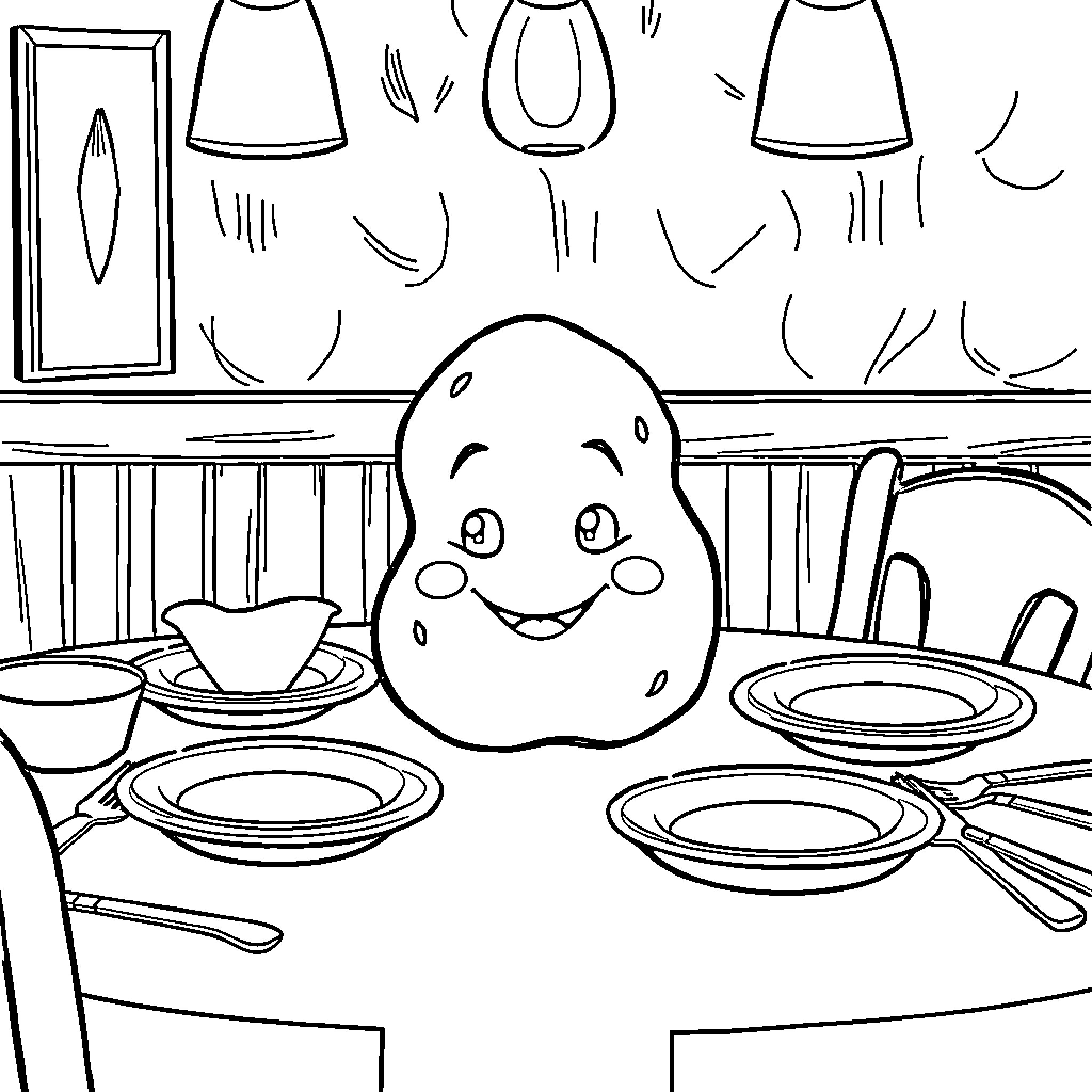 Potato sitting happily on the kitchen table Coloring Page (free black-and-white line drawing printable PDF for all, from beginners to advanced learners, including children, teens, adults, and seniors)