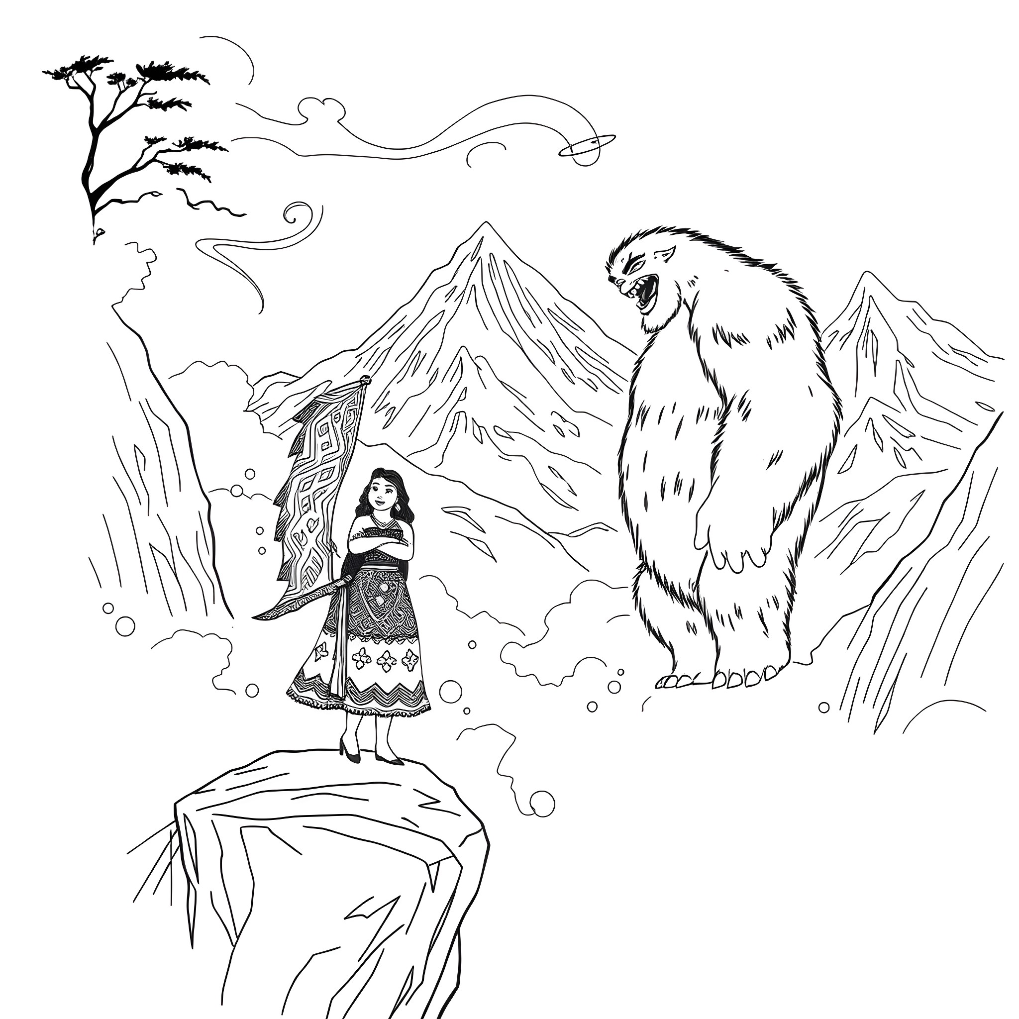 Moana facing the mysterious mountain and the fearsome beast Coloring Page (free black-and-white line drawing printable PDF for all, from beginners to advanced learners, including children, teens, adults, and seniors)