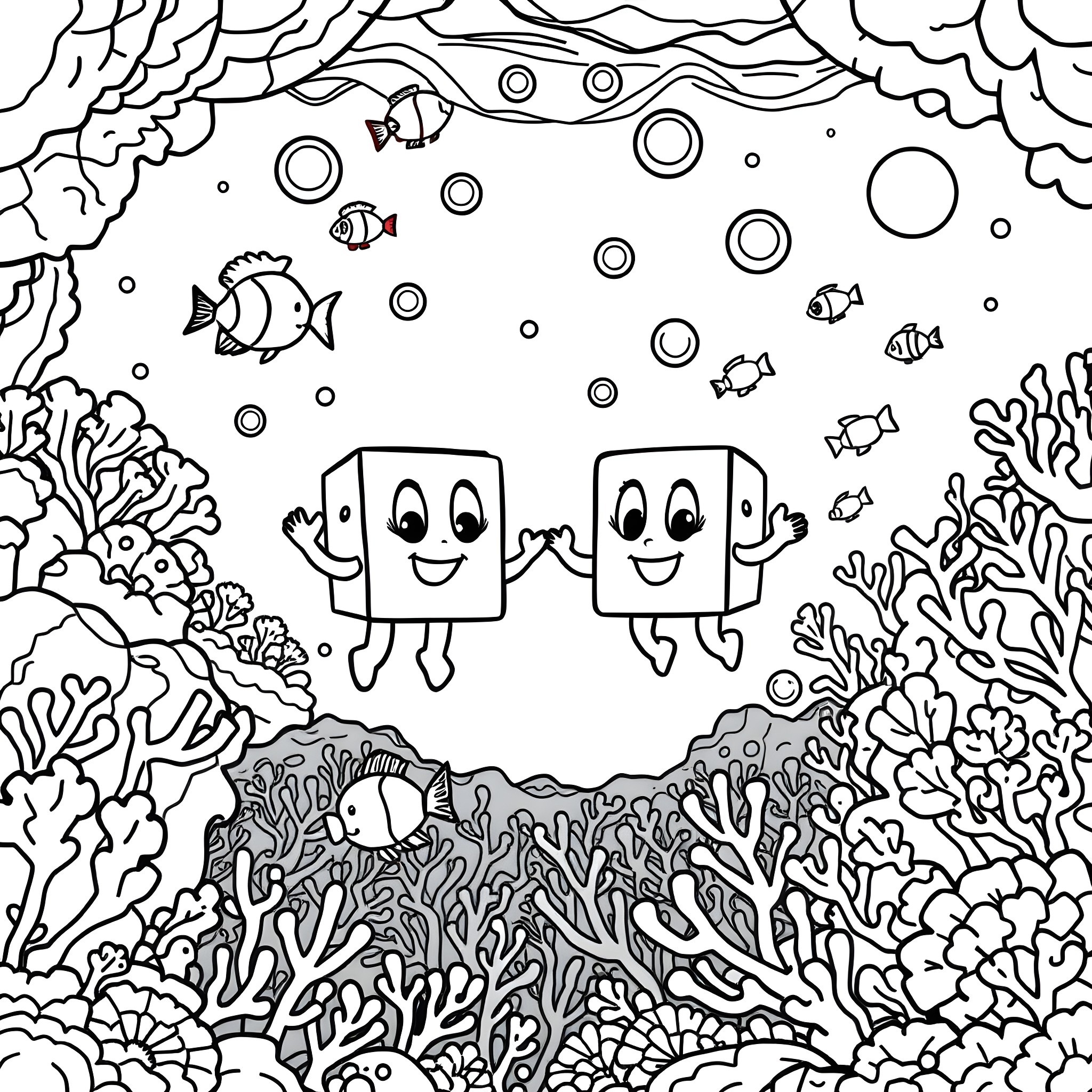 Numberblocks underwater adventure Coloring Page (free black-and-white line drawing printable PDF for all, from beginners to advanced learners, including children, teens, adults, and seniors)