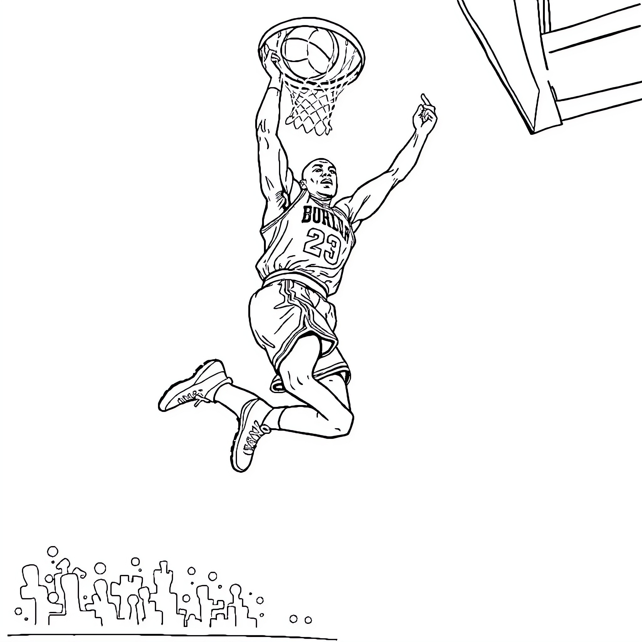 Michael Jordan Dunking Basketball with Enthusiasm Coloring Page (free black-and-white line drawing printable PDF for all, from beginners to advanced learners, including children, teens, adults, and seniors)
