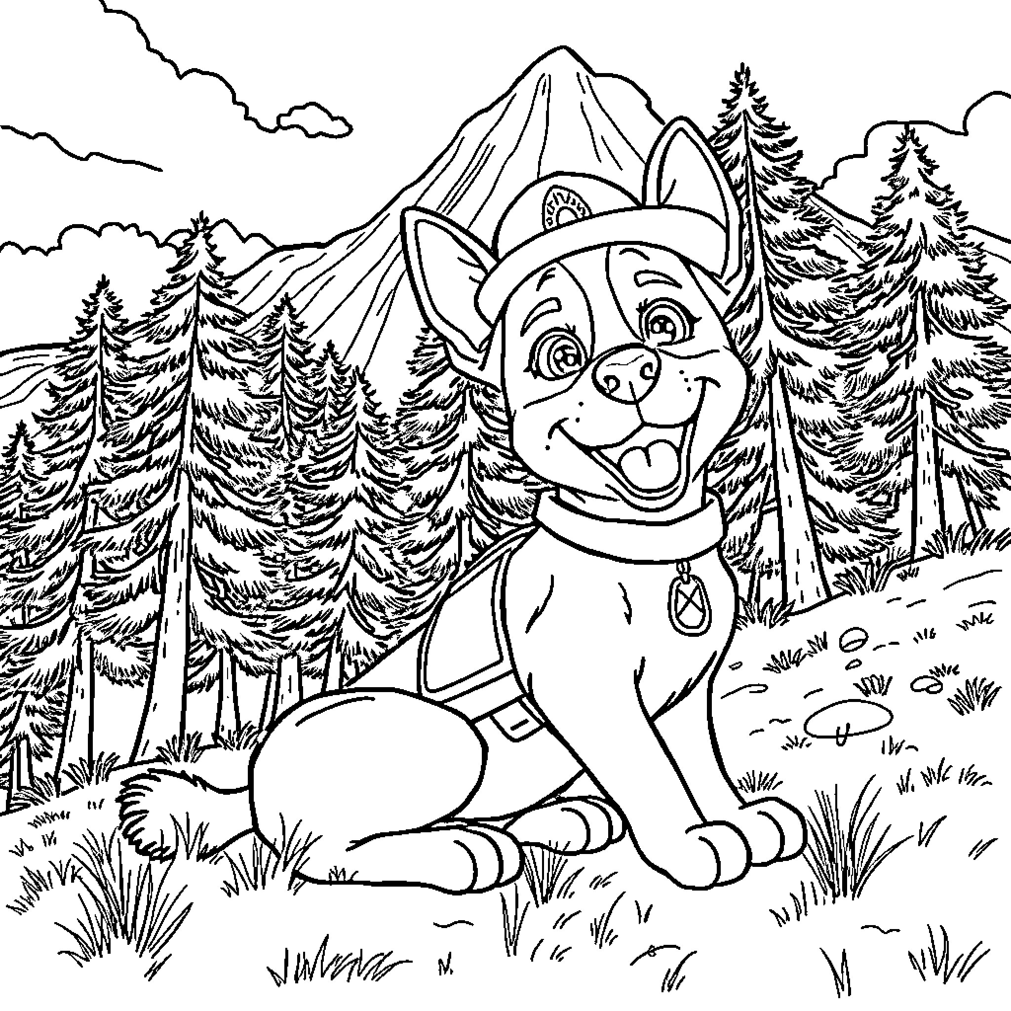 Paw Patrol pup exploring the great outdoors Coloring Page (free black-and-white line drawing printable PDF for all, from beginners to advanced learners, including children, teens, adults, and seniors)