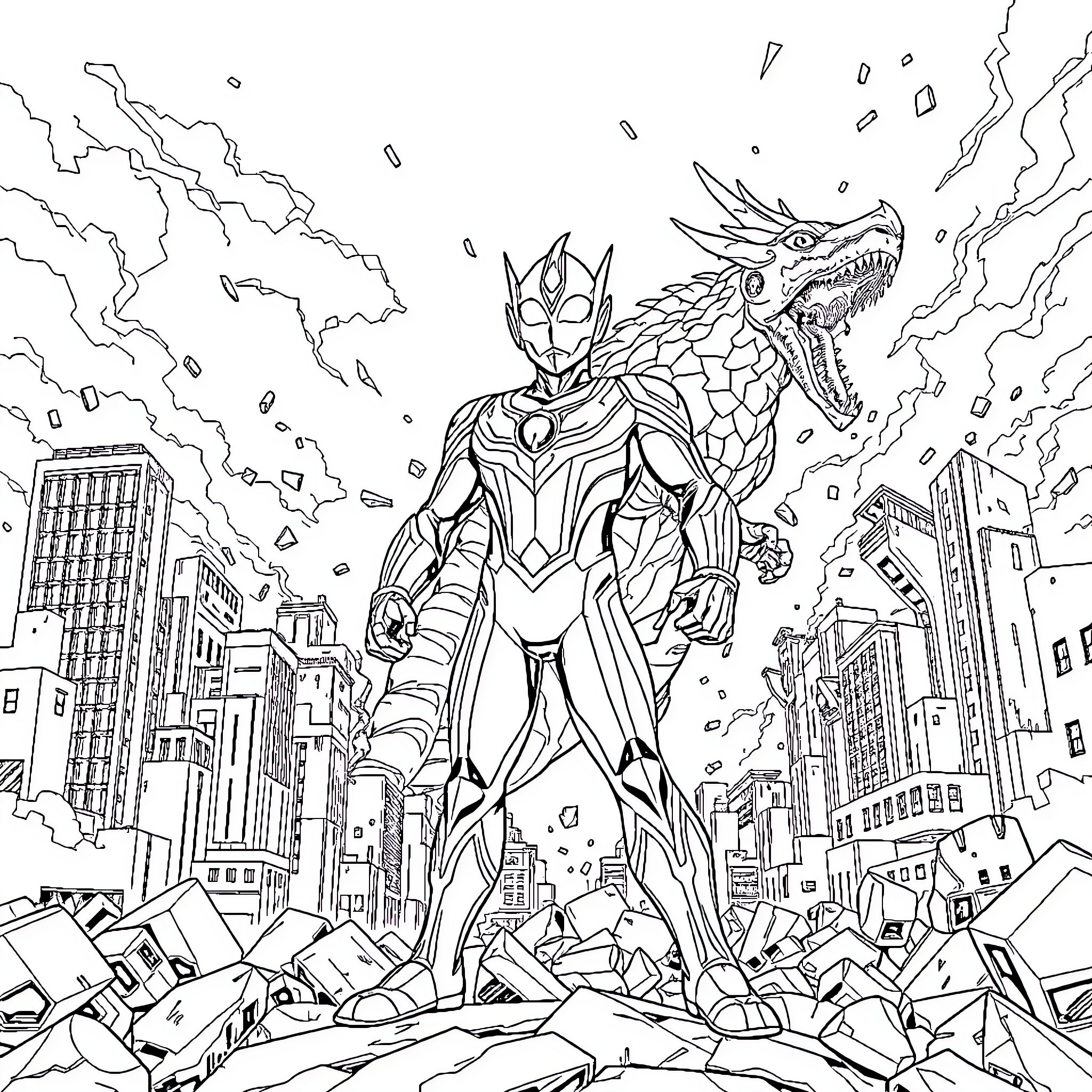 Ultraman defending the city from a giant monster Coloring Page (free black-and-white line drawing printable PDF for all, from beginners to advanced learners, including children, teens, adults, and seniors)