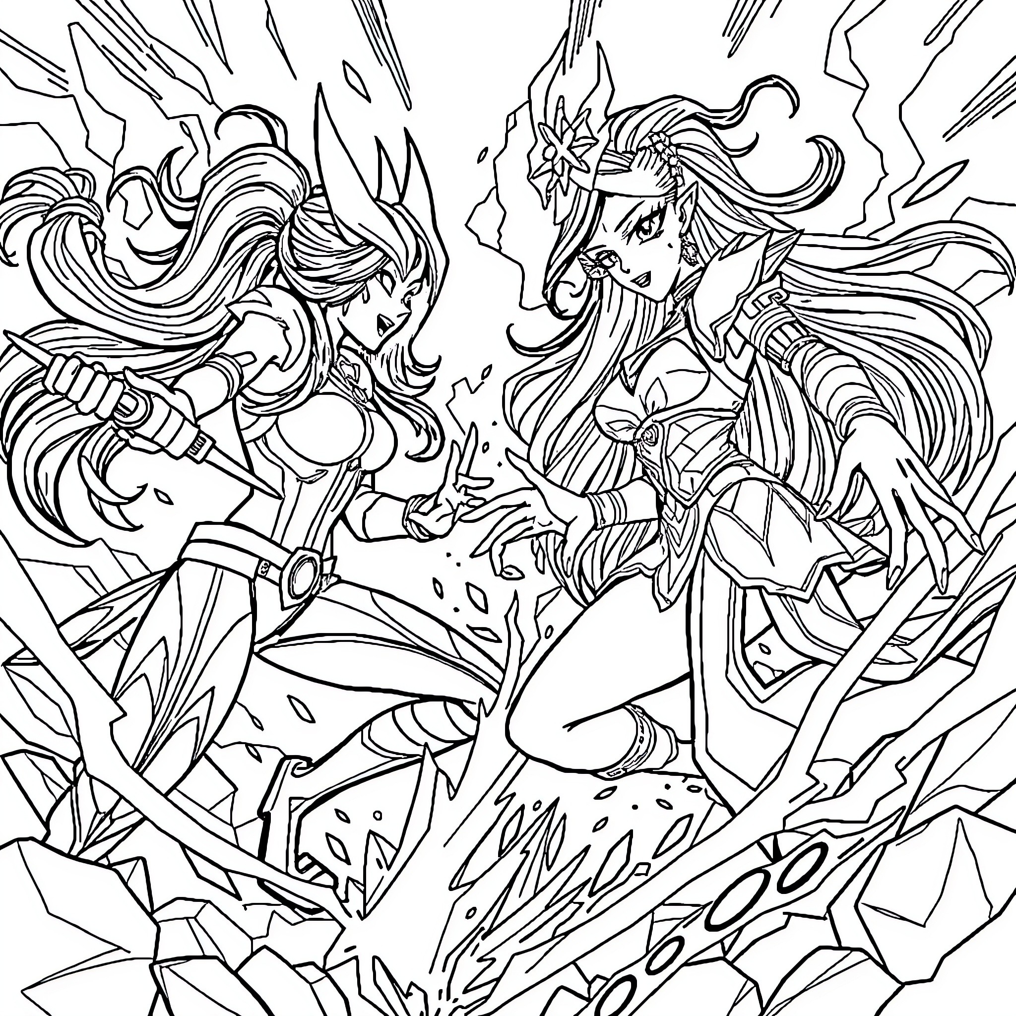 Jinx - Fiery Battle of Magical Warrior Maidens Coloring Page (free black-and-white line drawing printable PDF for all, from beginners to advanced learners, including children, teens, adults, and seniors)