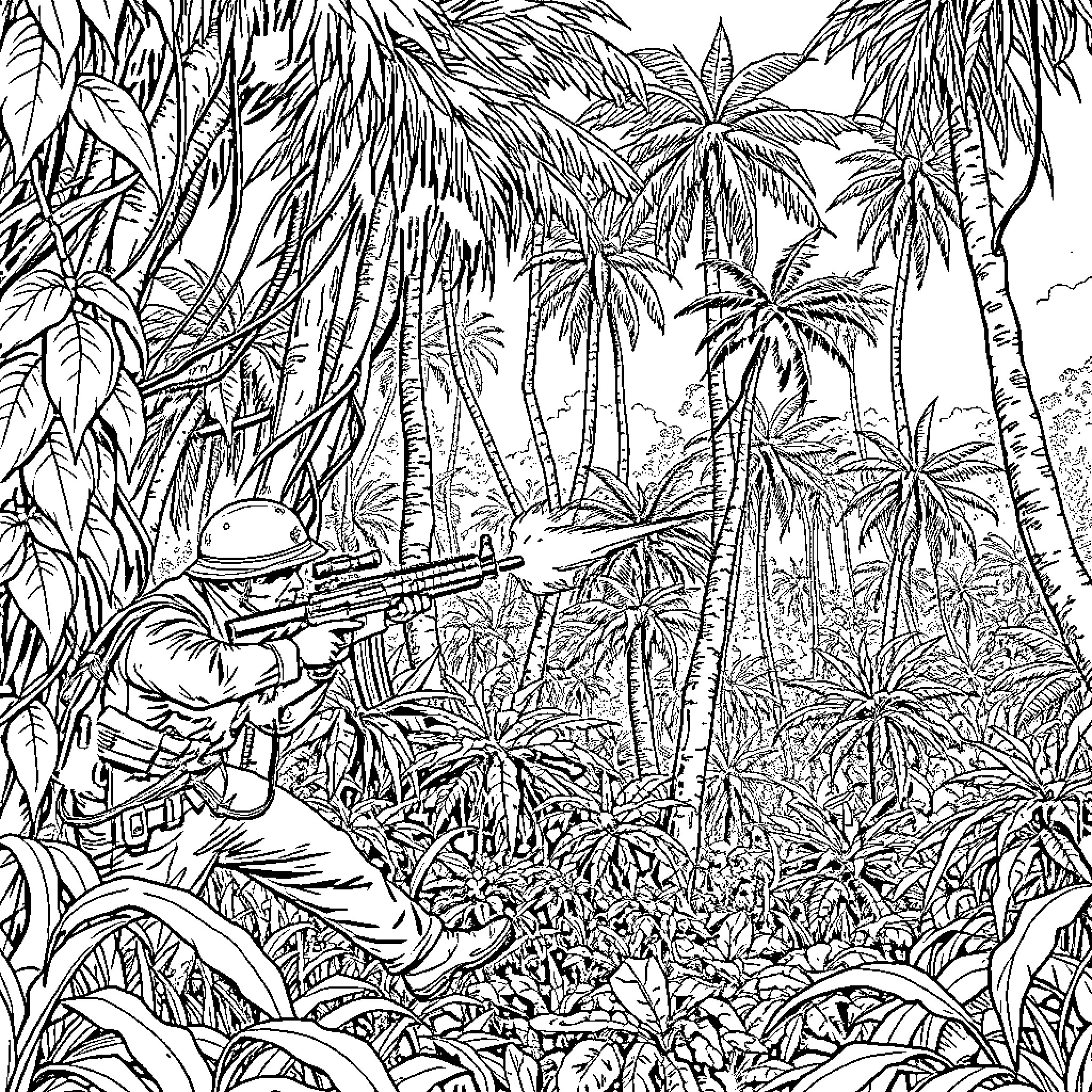 Firefight in the dense jungle environment Coloring Page (free black-and-white line drawing printable PDF for all, from beginners to advanced learners, including children, teens, adults, and seniors)