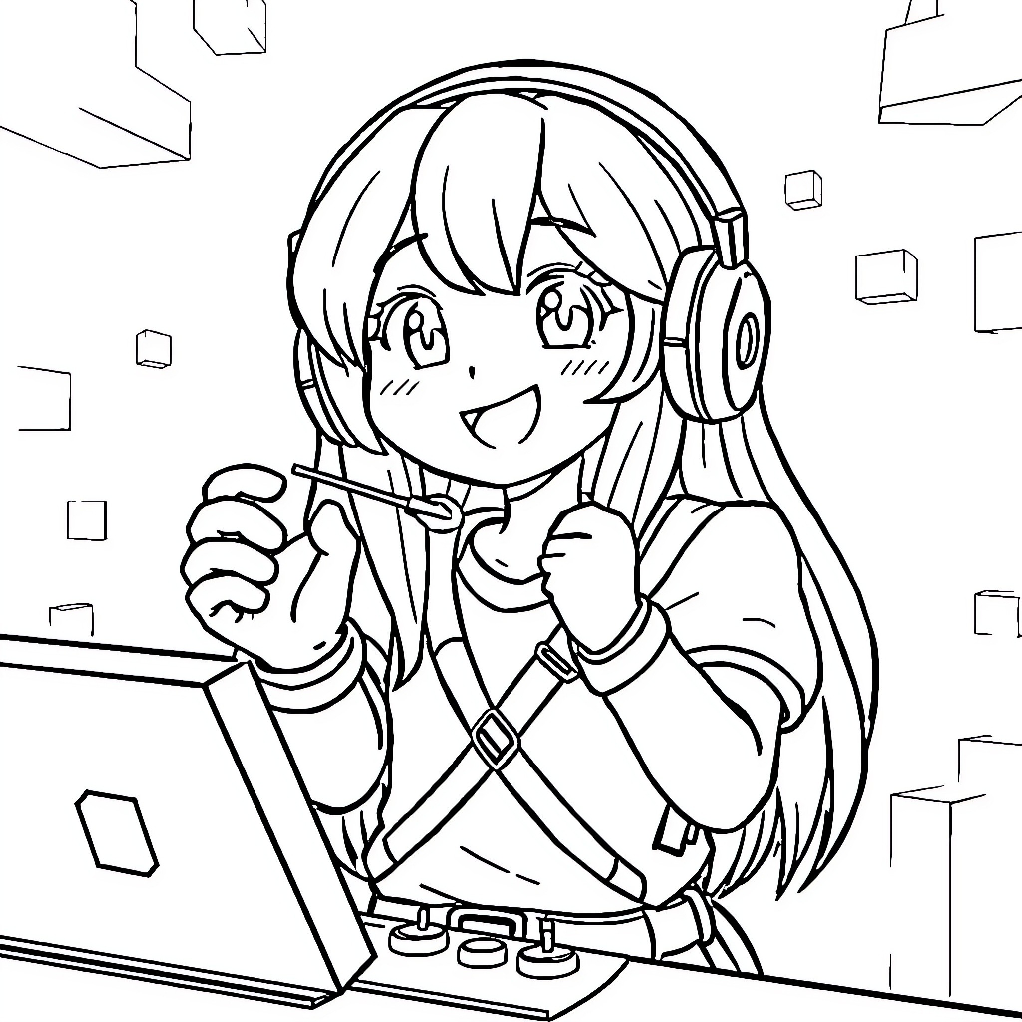 Aphmau playing a video game enthusiastically Coloring Page (free black-and-white line drawing printable PDF for all, from beginners to advanced learners, including children, teens, adults, and seniors)