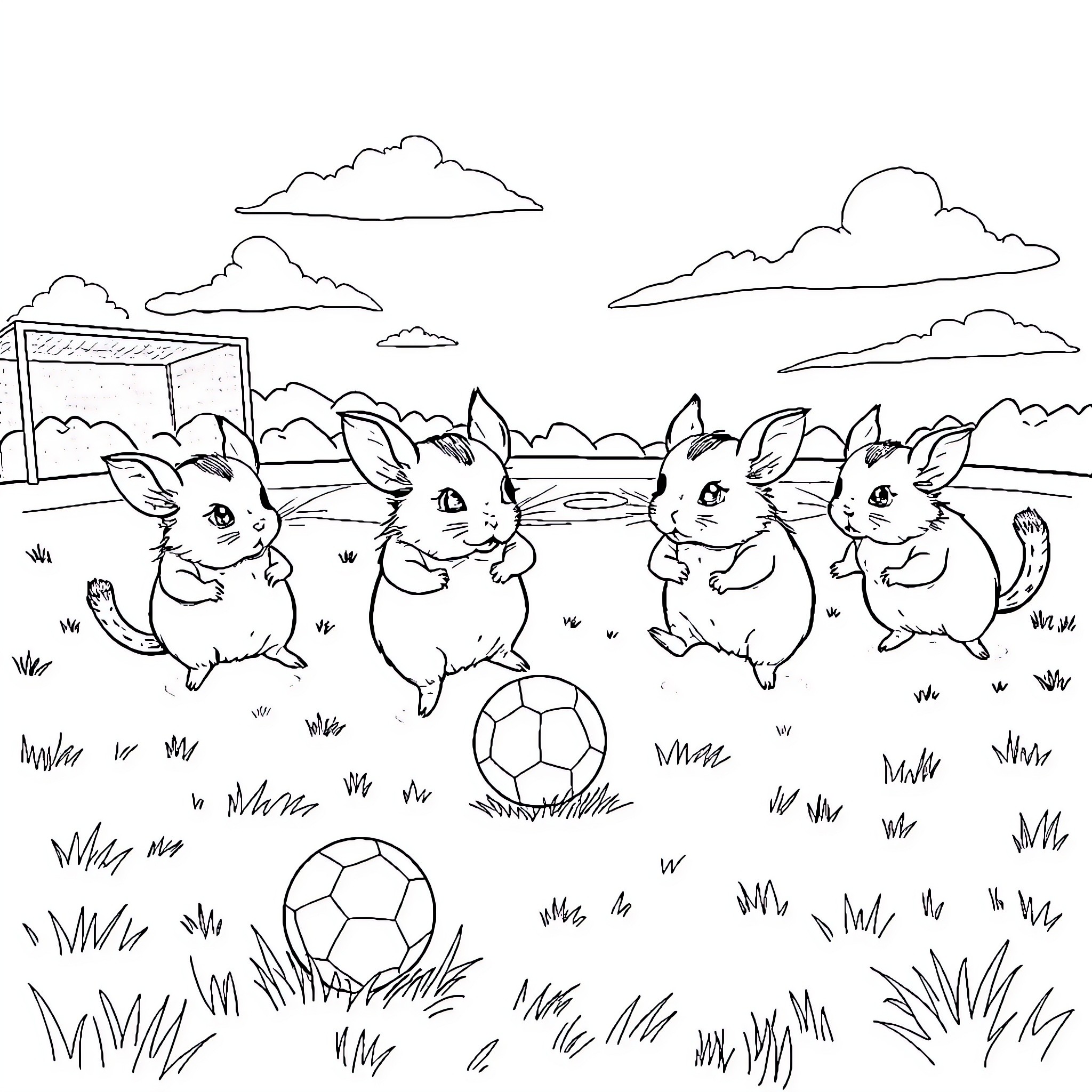 Chinchillas playing joyfully in the meadow Coloring Page (free black-and-white line drawing printable PDF for all, from beginners to advanced learners, including children, teens, adults, and seniors)
