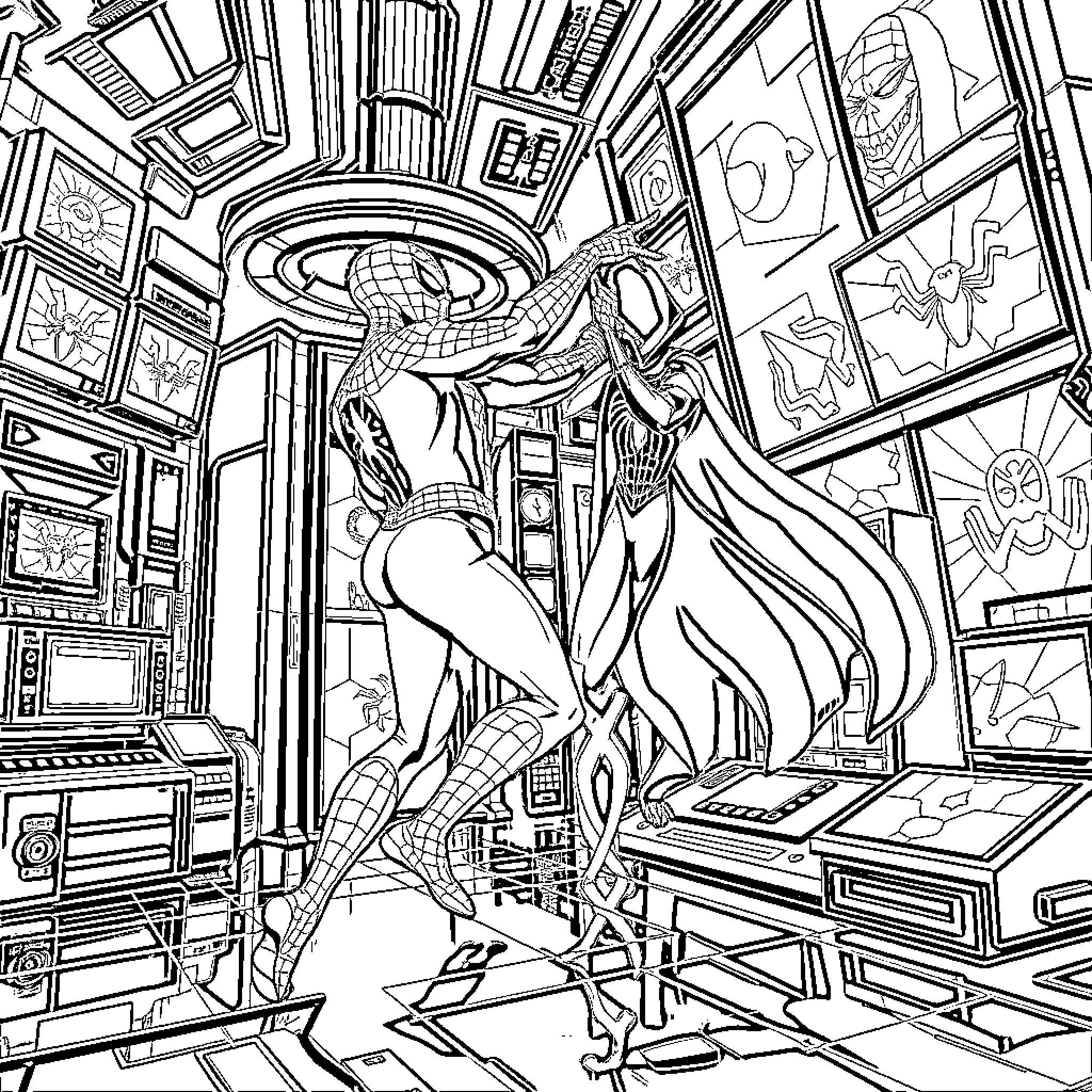 Spiderman battling villains in his secret lair Coloring Page (free black-and-white line drawing printable PDF for all, from beginners to advanced learners, including children, teens, adults, and seniors)