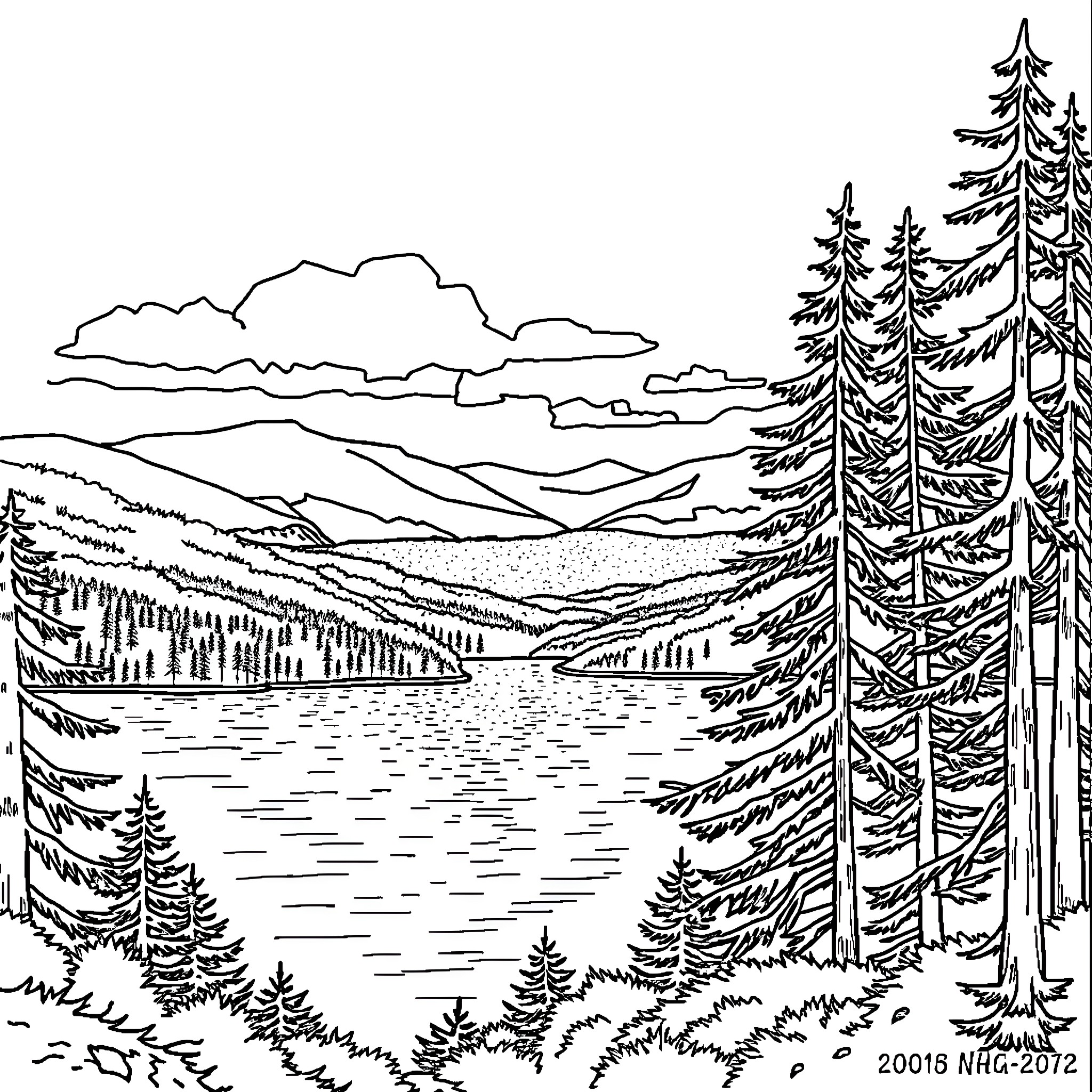 Lake with serene mountain landscape Coloring Page (free black-and-white line drawing printable PDF for all, from beginners to advanced learners, including children, teens, adults, and seniors)