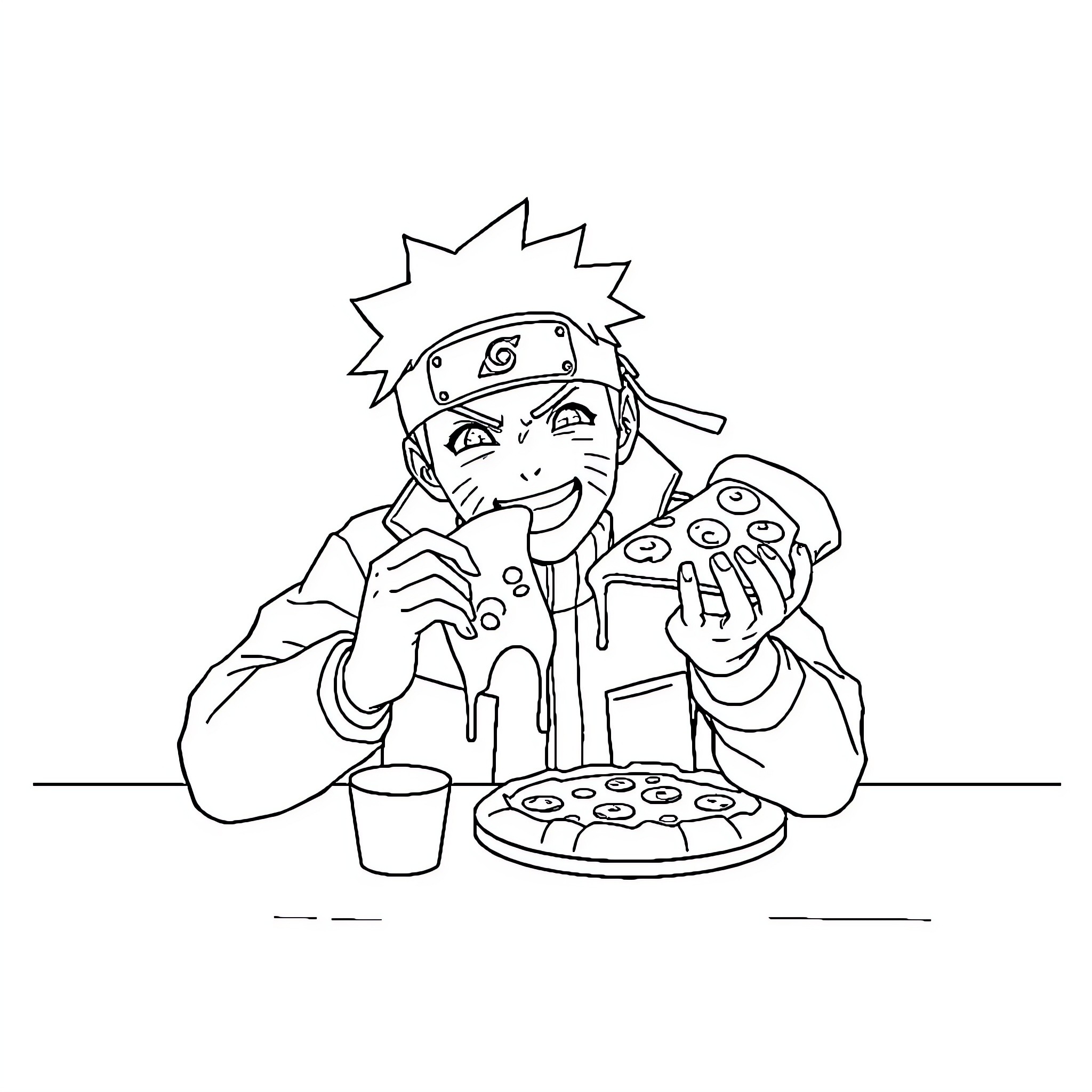Naruto enjoying a delicious meal Coloring Page (free black-and-white line drawing printable PDF for all, from beginners to advanced learners, including children, teens, adults, and seniors)