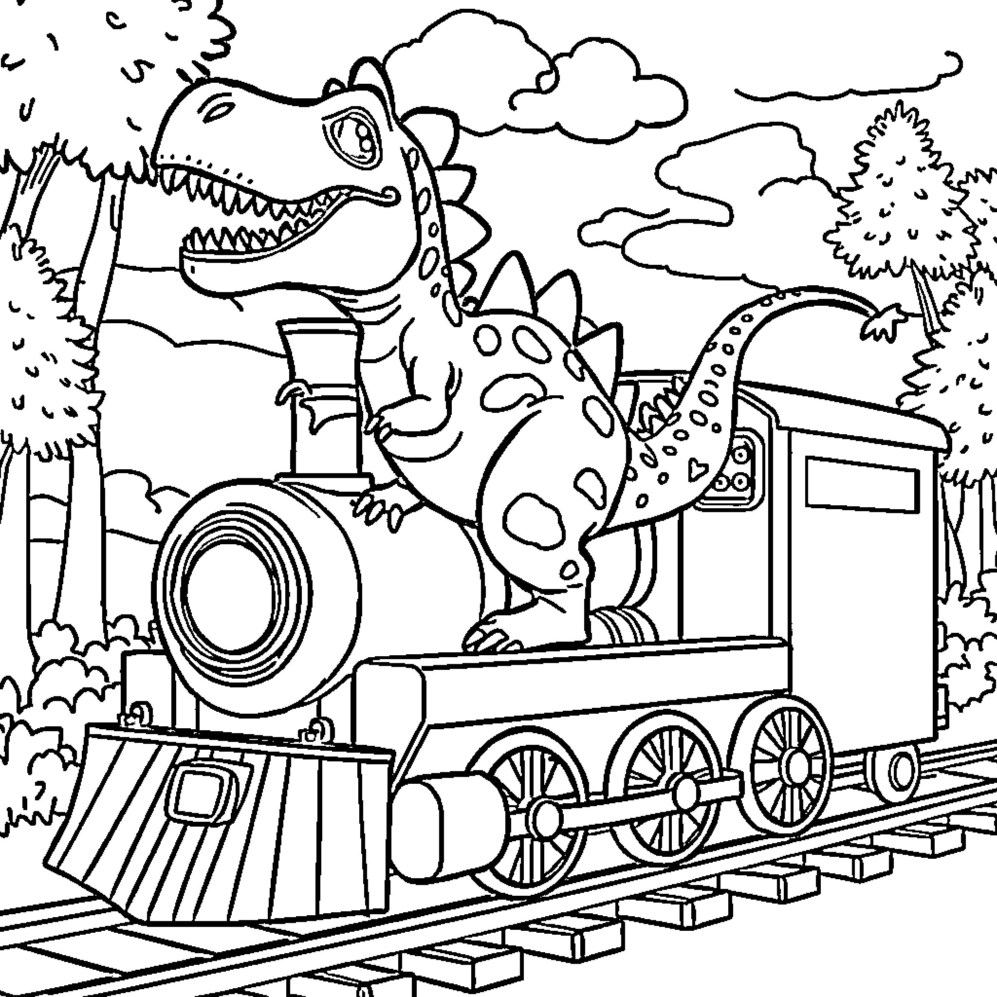 Dinosaur riding on a train through the countryside Coloring Page (free black-and-white line drawing printable PDF for all, from beginners to advanced learners, including children, teens, adults, and seniors)