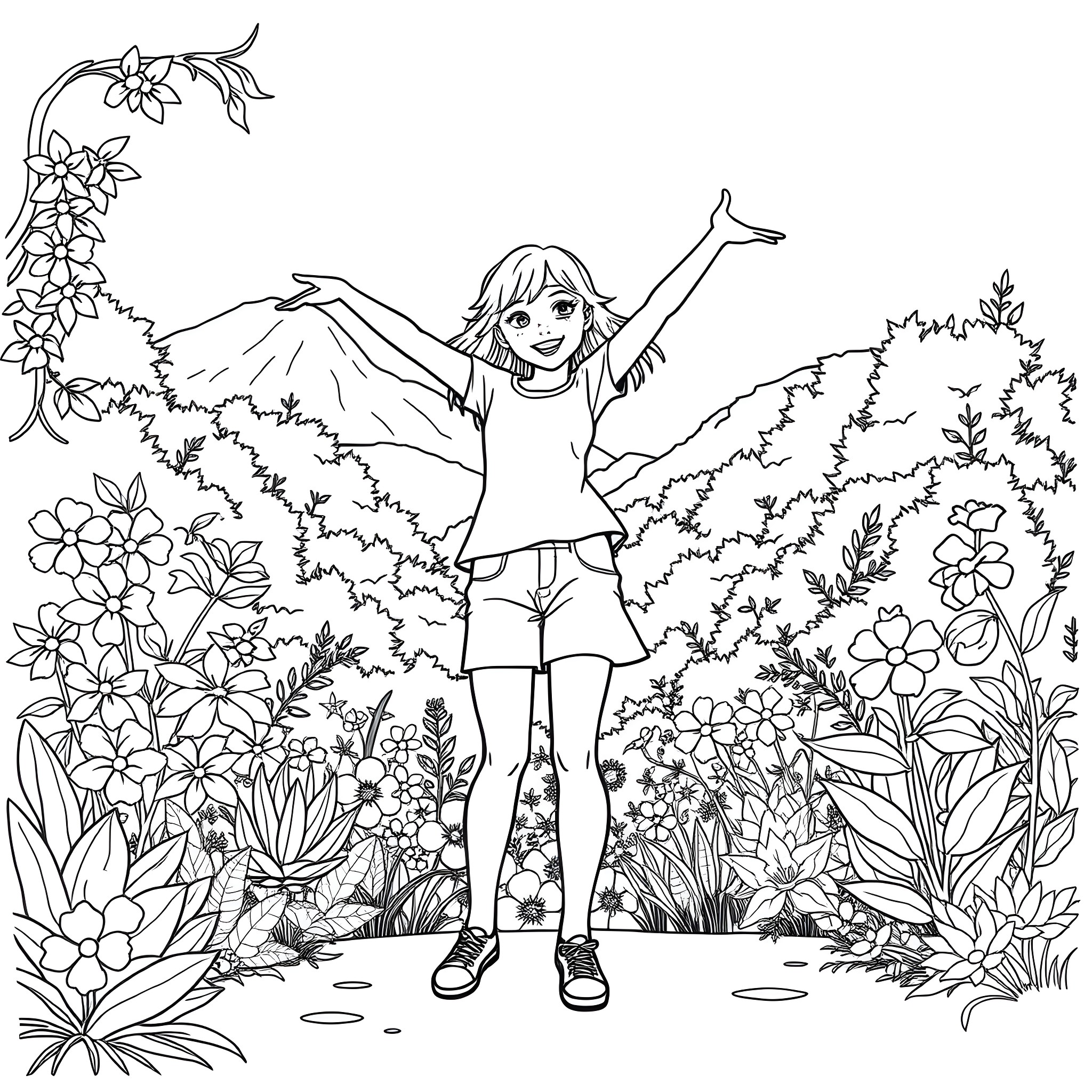 Girl joyfully exploring a flower-filled meadow Coloring Page (free black-and-white line drawing printable PDF for all, from beginners to advanced learners, including children, teens, adults, and seniors)