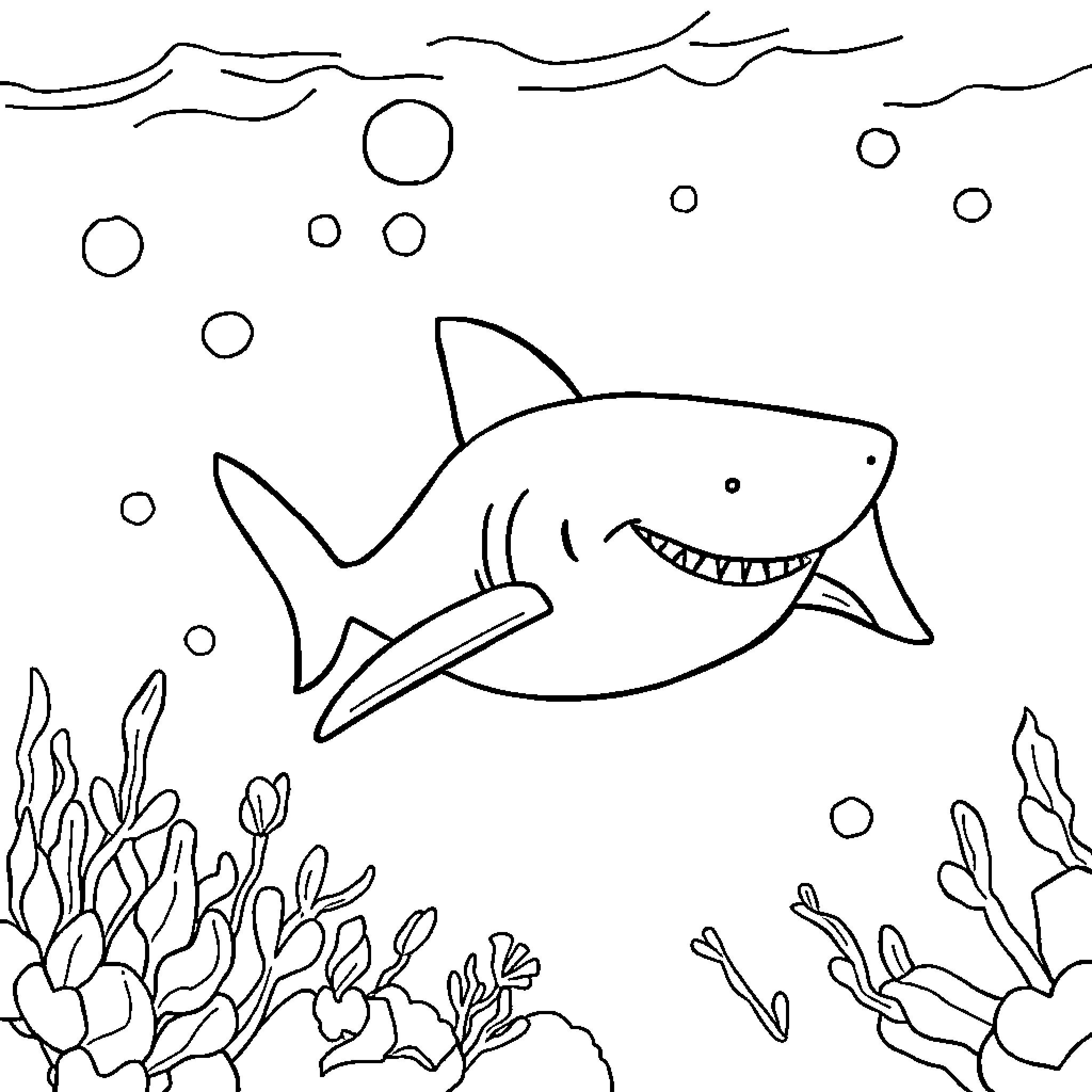 Baby Shark swimming in the ocean Coloring Page (free black-and-white line drawing printable PDF for all, from beginners to advanced learners, including children, teens, adults, and seniors)
