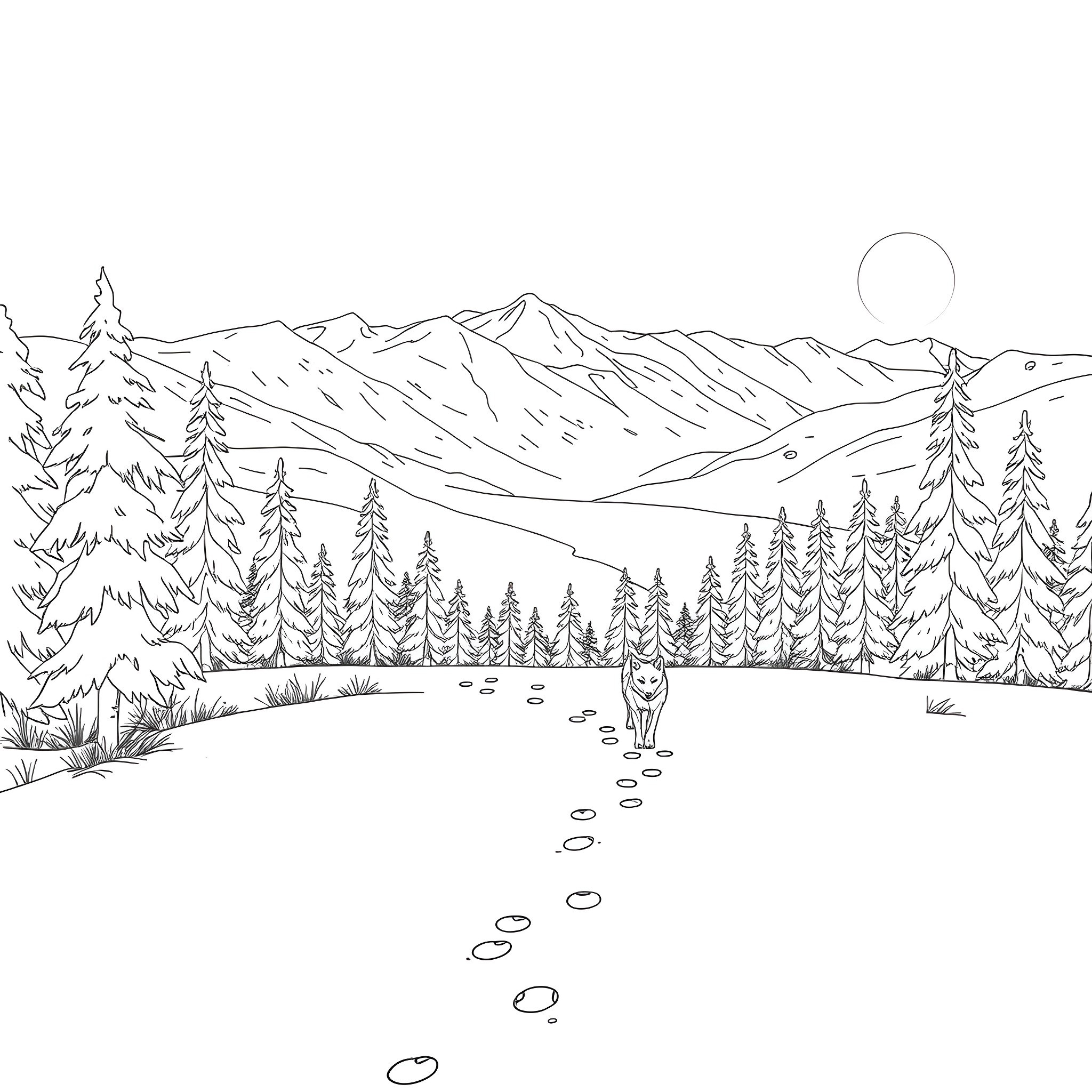 Coyote wandering through the snowy wilderness Coloring Page (free black-and-white line drawing printable PDF for all, from beginners to advanced learners, including children, teens, adults, and seniors)