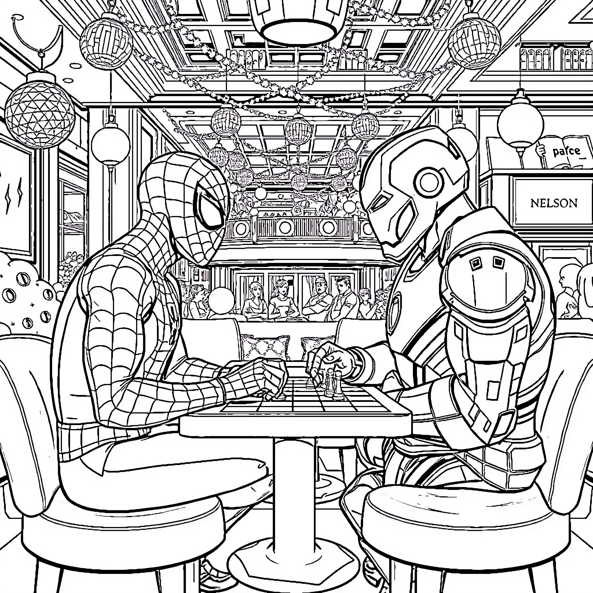 Spider-Man and Iron Man Enjoying a Cafe Together Coloring Page (free black-and-white line drawing printable PDF for all, from beginners to advanced learners, including children, teens, adults, and seniors)