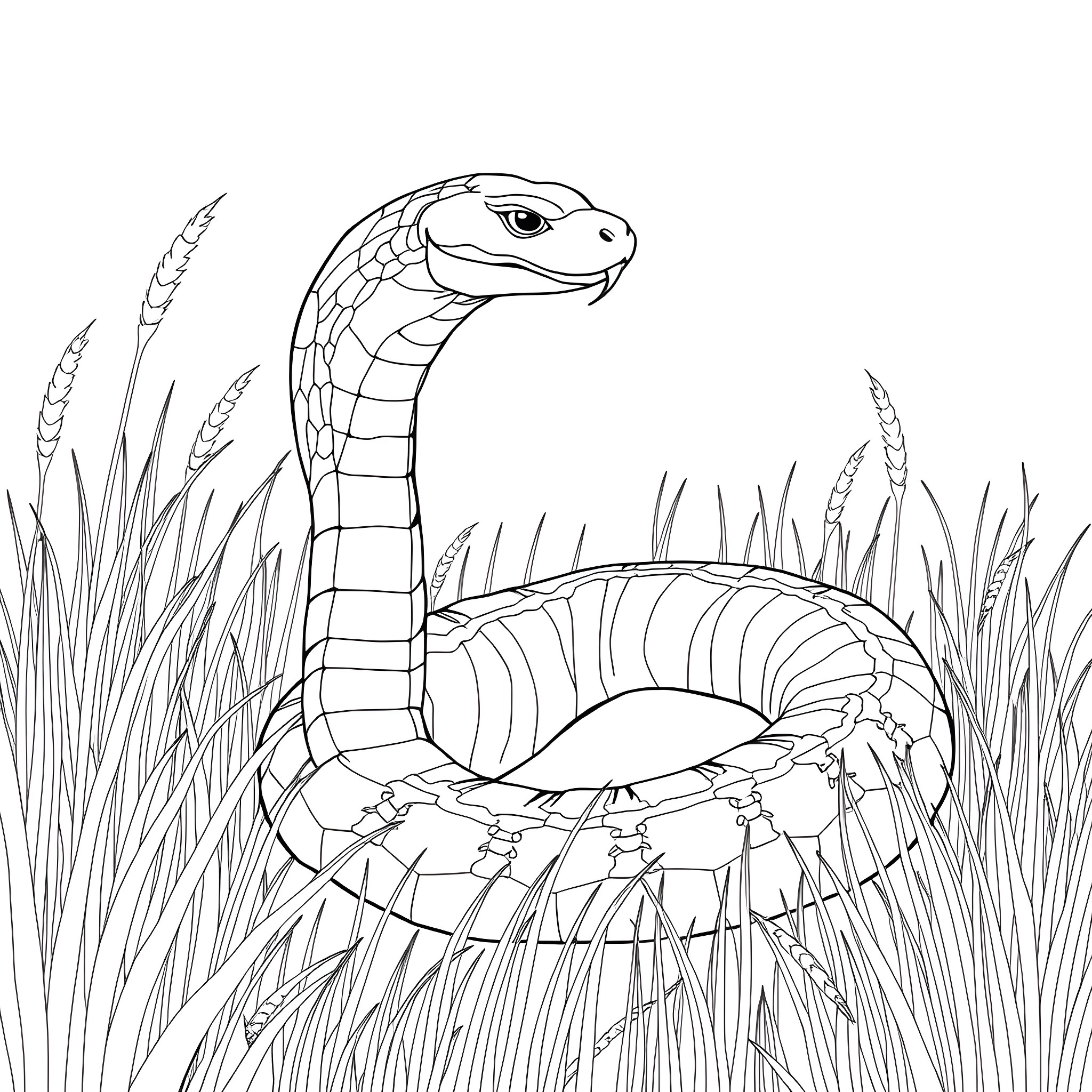 Dendroaspis coiled in grassy surroundings Coloring Page (free black-and-white line drawing printable PDF for all, from beginners to advanced learners, including children, teens, adults, and seniors)