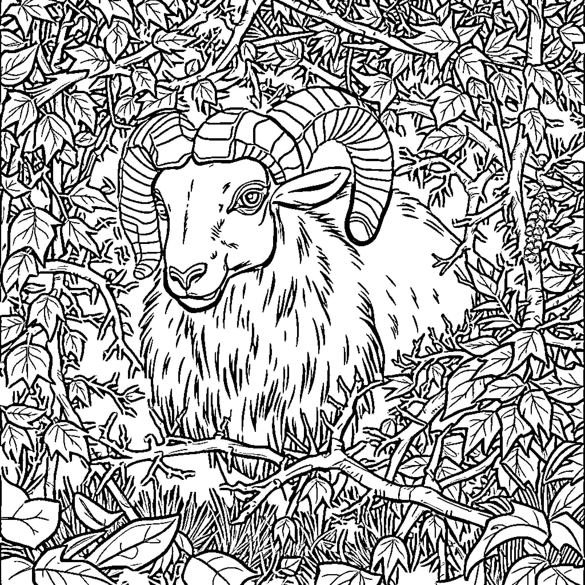 Ram resting in the lush forest foliage Coloring Page (free black-and-white line drawing printable PDF for all, from beginners to advanced learners, including children, teens, adults, and seniors)