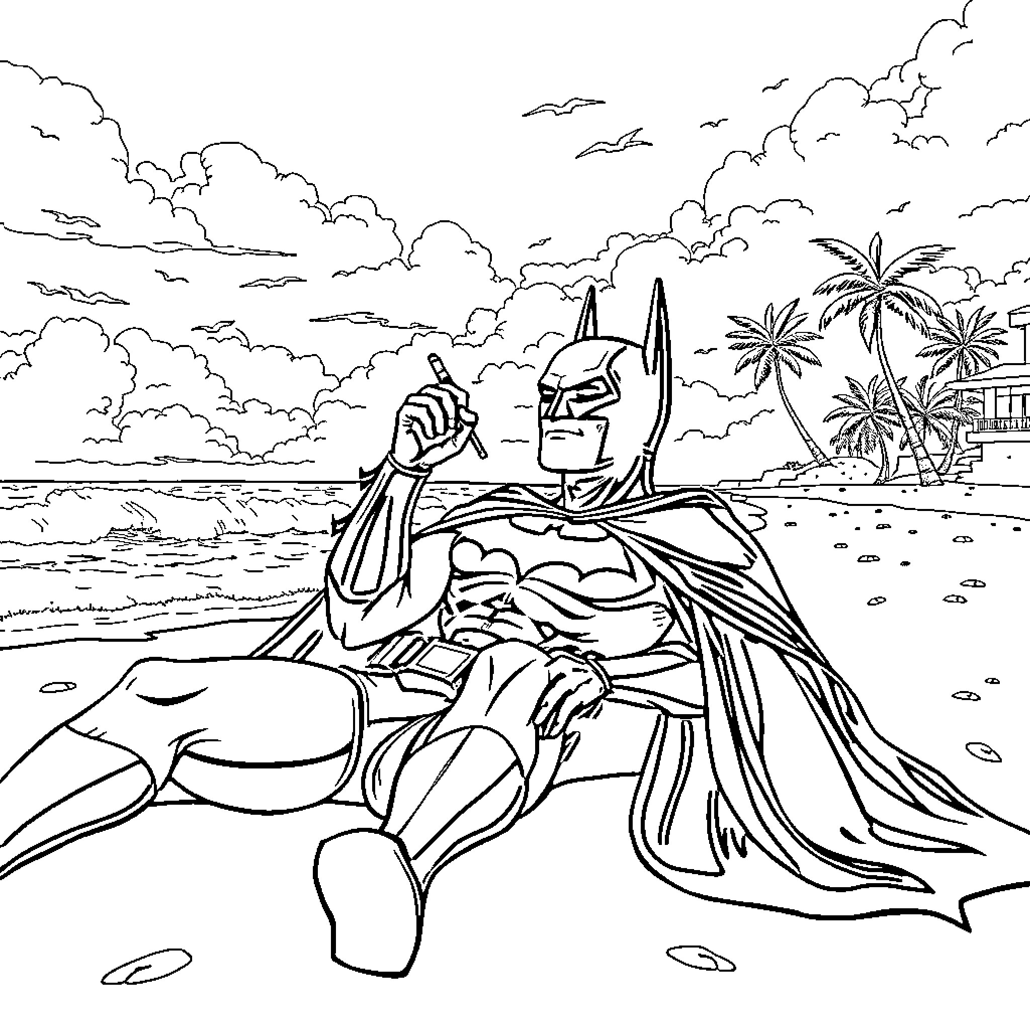 Batman relaxing on the beach Coloring Page (free black-and-white line drawing printable PDF for all, from beginners to advanced learners, including children, teens, adults, and seniors)