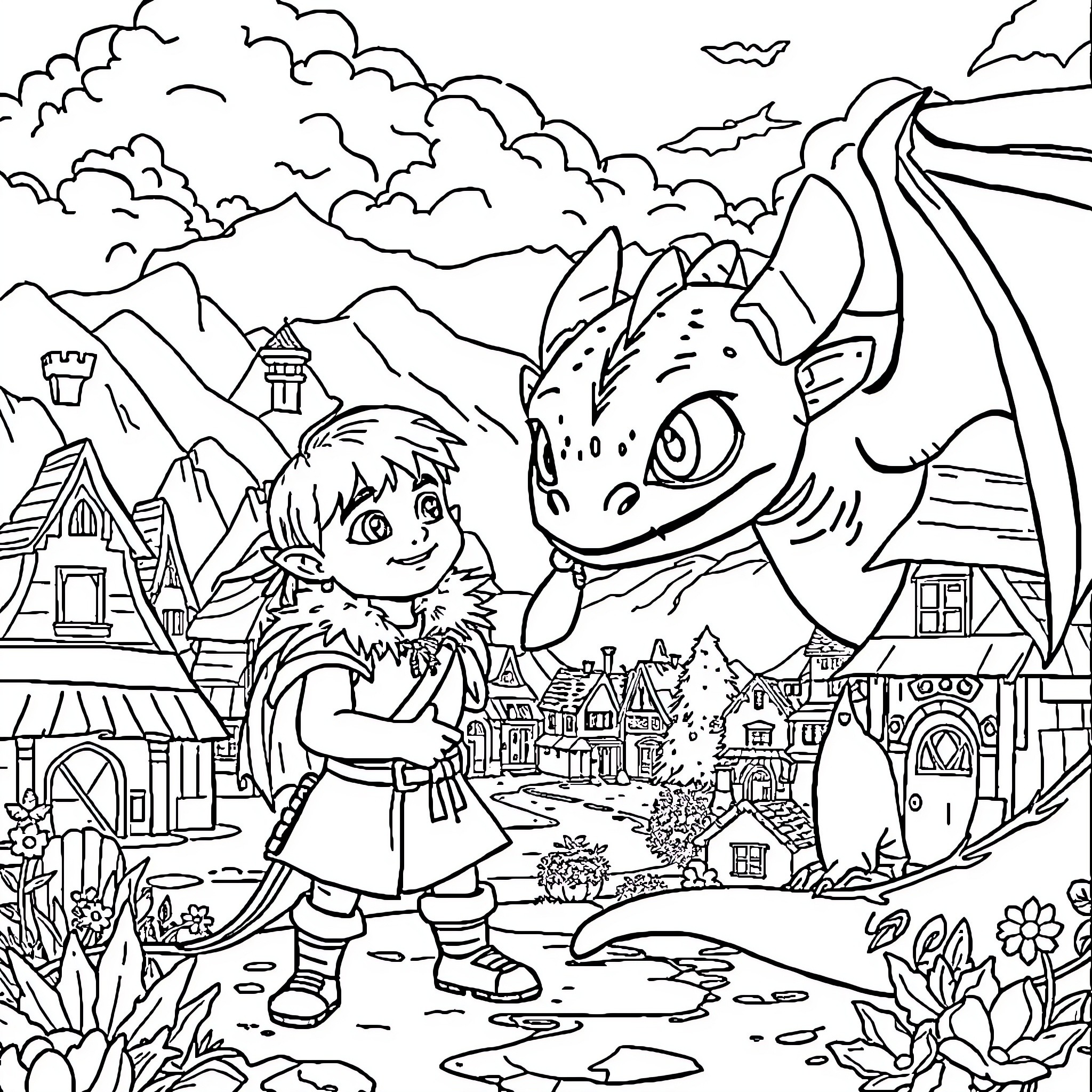 Dragon and Boy in Enchanted Village Coloring Page (free black-and-white line drawing printable PDF for all, from beginners to advanced learners, including children, teens, adults, and seniors)