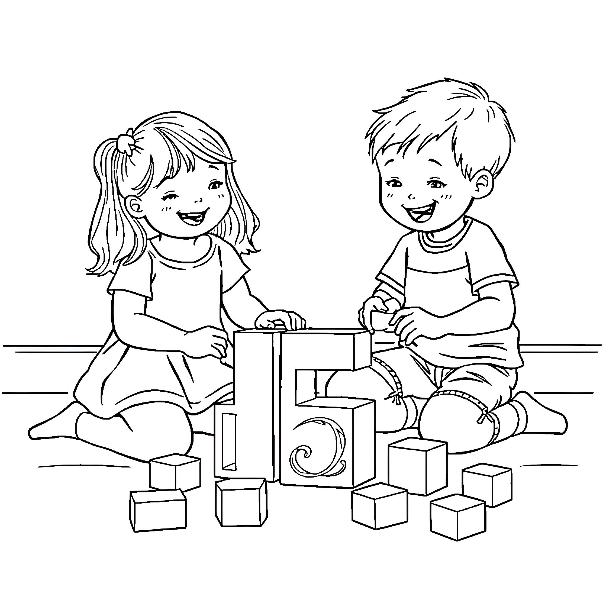 Child playing with building blocks happily Coloring Page (free black-and-white line drawing printable PDF for all, from beginners to advanced learners, including children, teens, adults, and seniors)