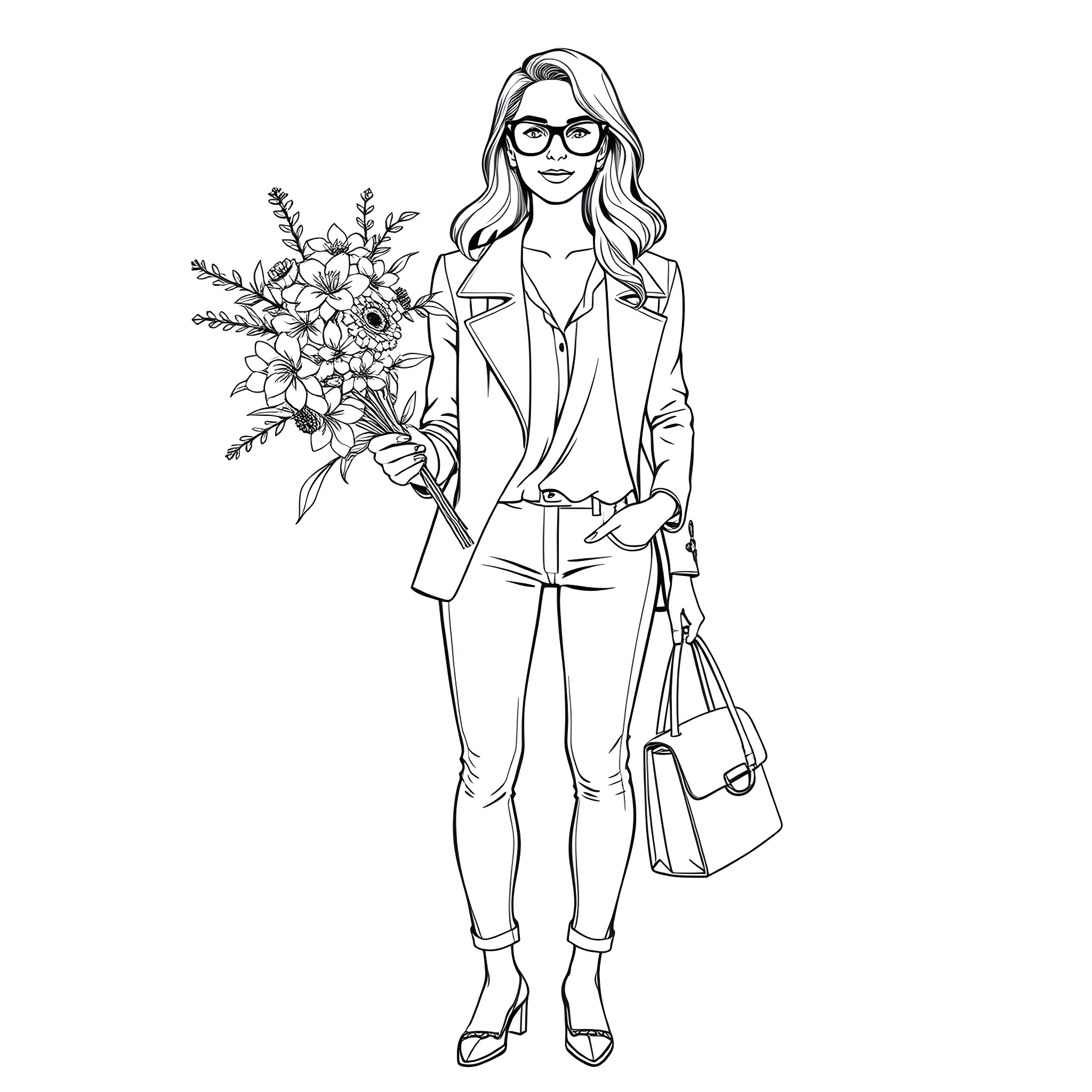 Woman carrying a bouquet of flowers in stylish outfit Coloring Page (free black-and-white line drawing printable PDF for all, from beginners to advanced learners, including children, teens, adults, and seniors)