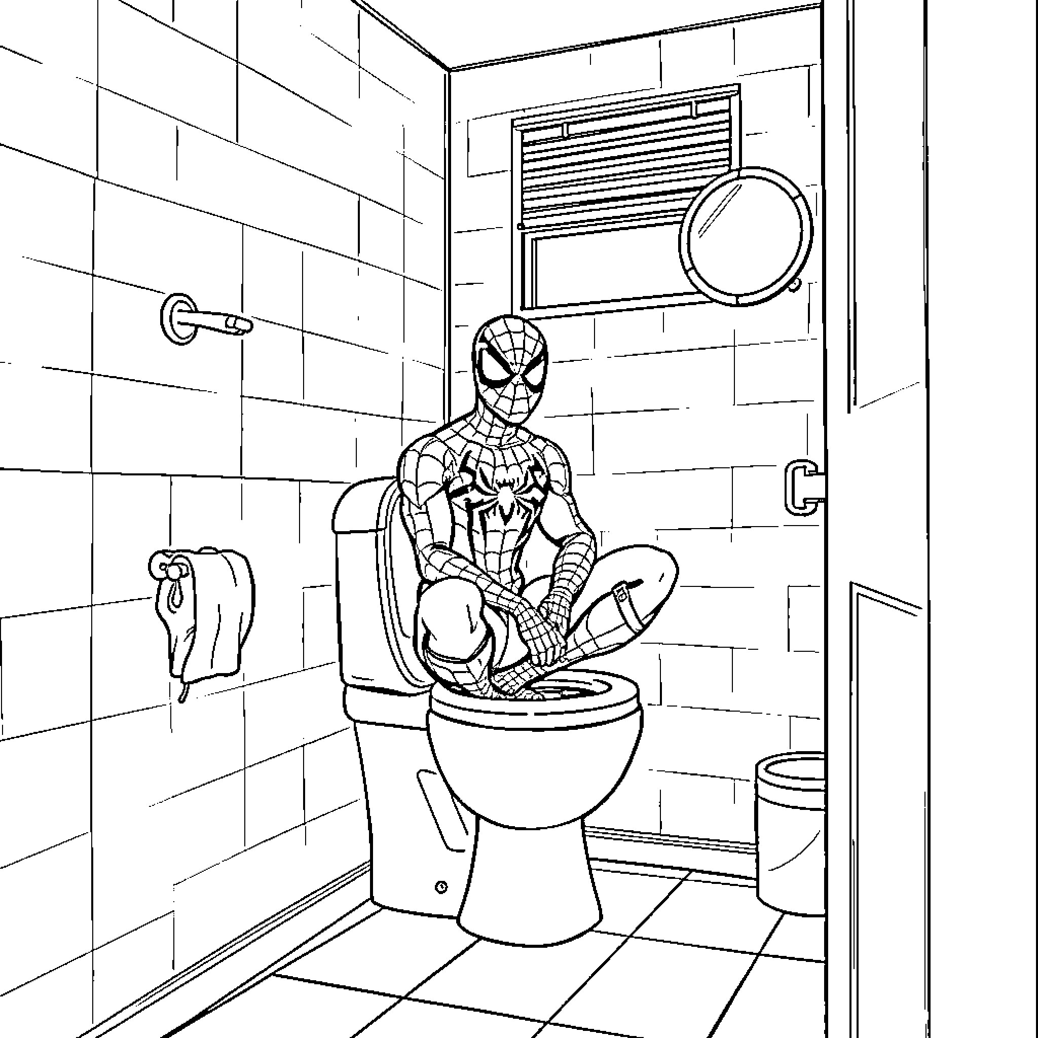 Spiderman relaxing in bathroom Coloring Page (free black-and-white line drawing printable PDF for all, from beginners to advanced learners, including children, teens, adults, and seniors)