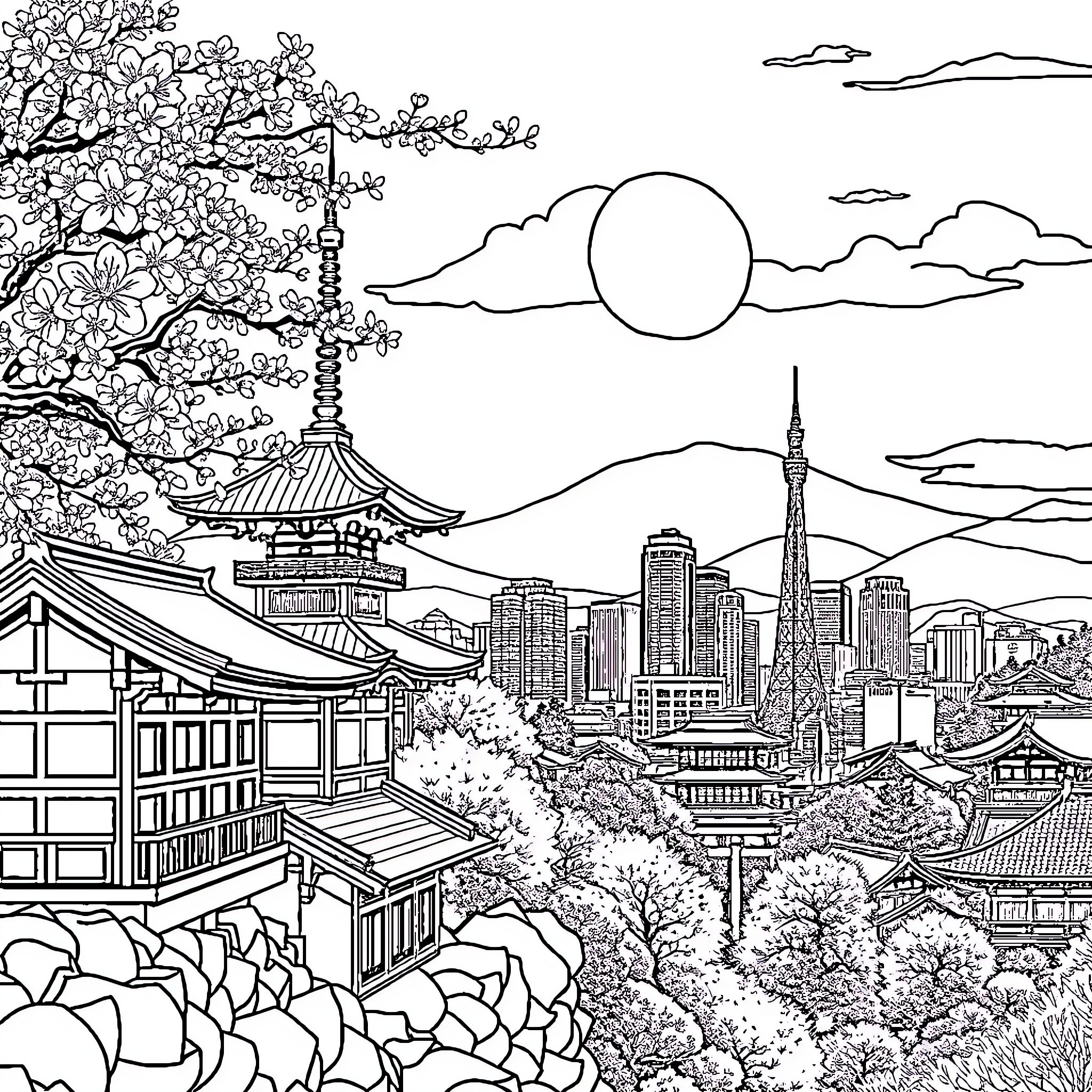 Japan's Majestic Cityscape and Cherry Blossoms Coloring Page (free black-and-white line drawing printable PDF for all, from beginners to advanced learners, including children, teens, adults, and seniors)