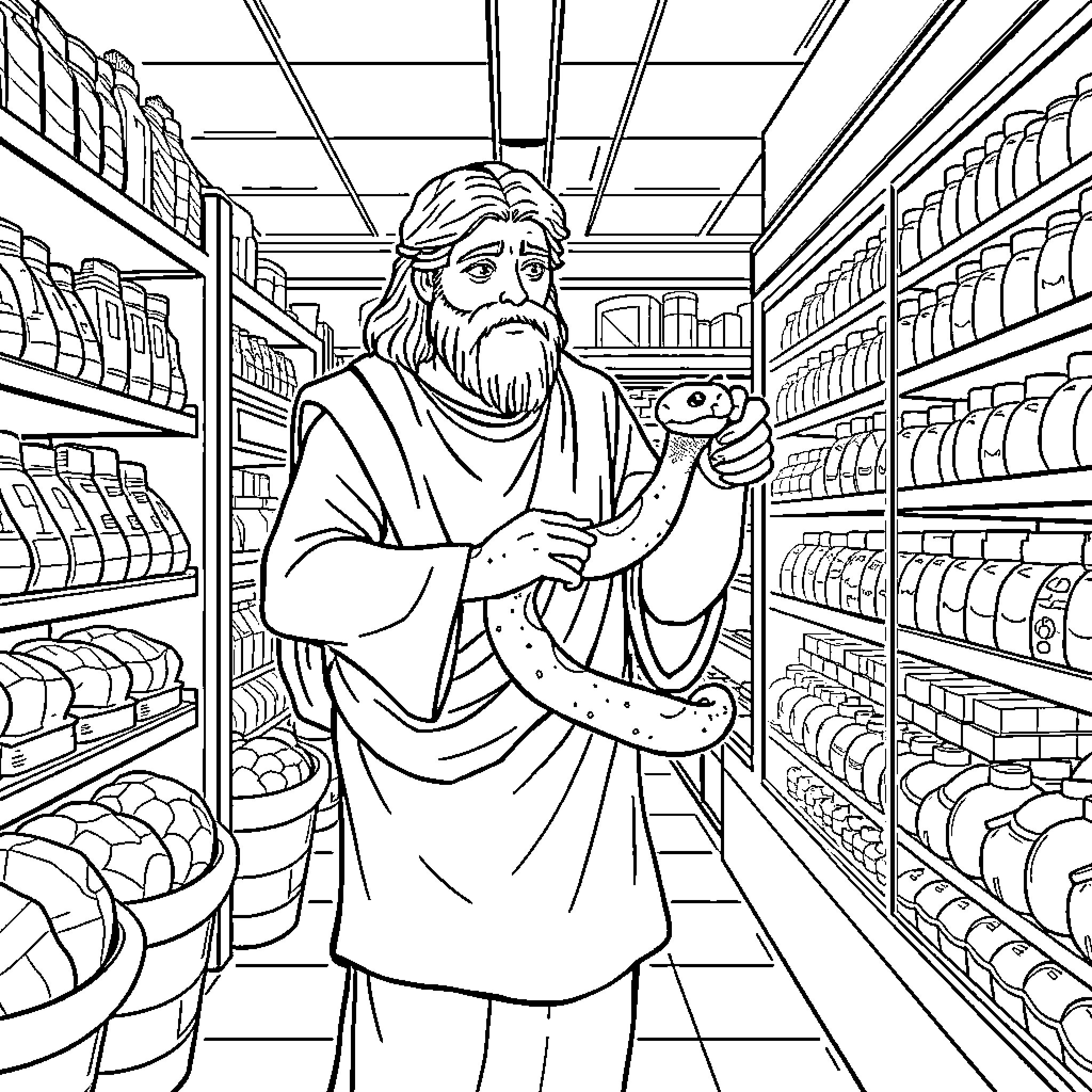 Theseus Explores a Marketplace with Curiosity Coloring Page (free black-and-white line drawing printable PDF for all, from beginners to advanced learners, including children, teens, adults, and seniors)