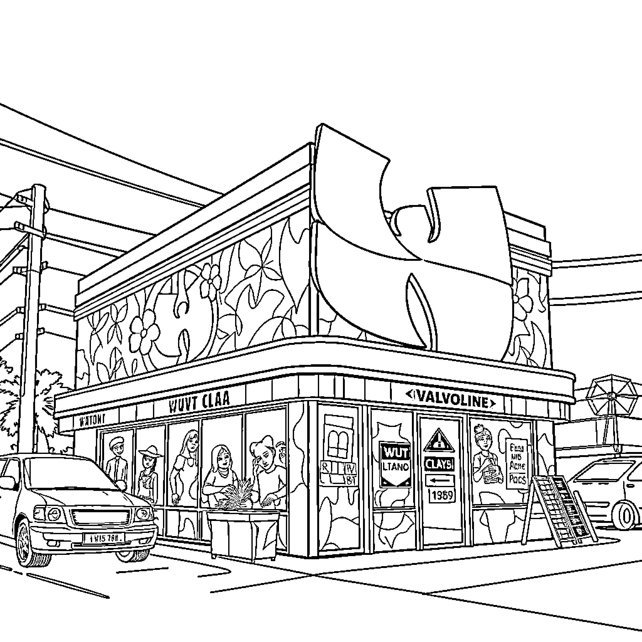 Valvoline store with customers and signage Coloring Page (free black-and-white line drawing printable PDF for all, from beginners to advanced learners, including children, teens, adults, and seniors)