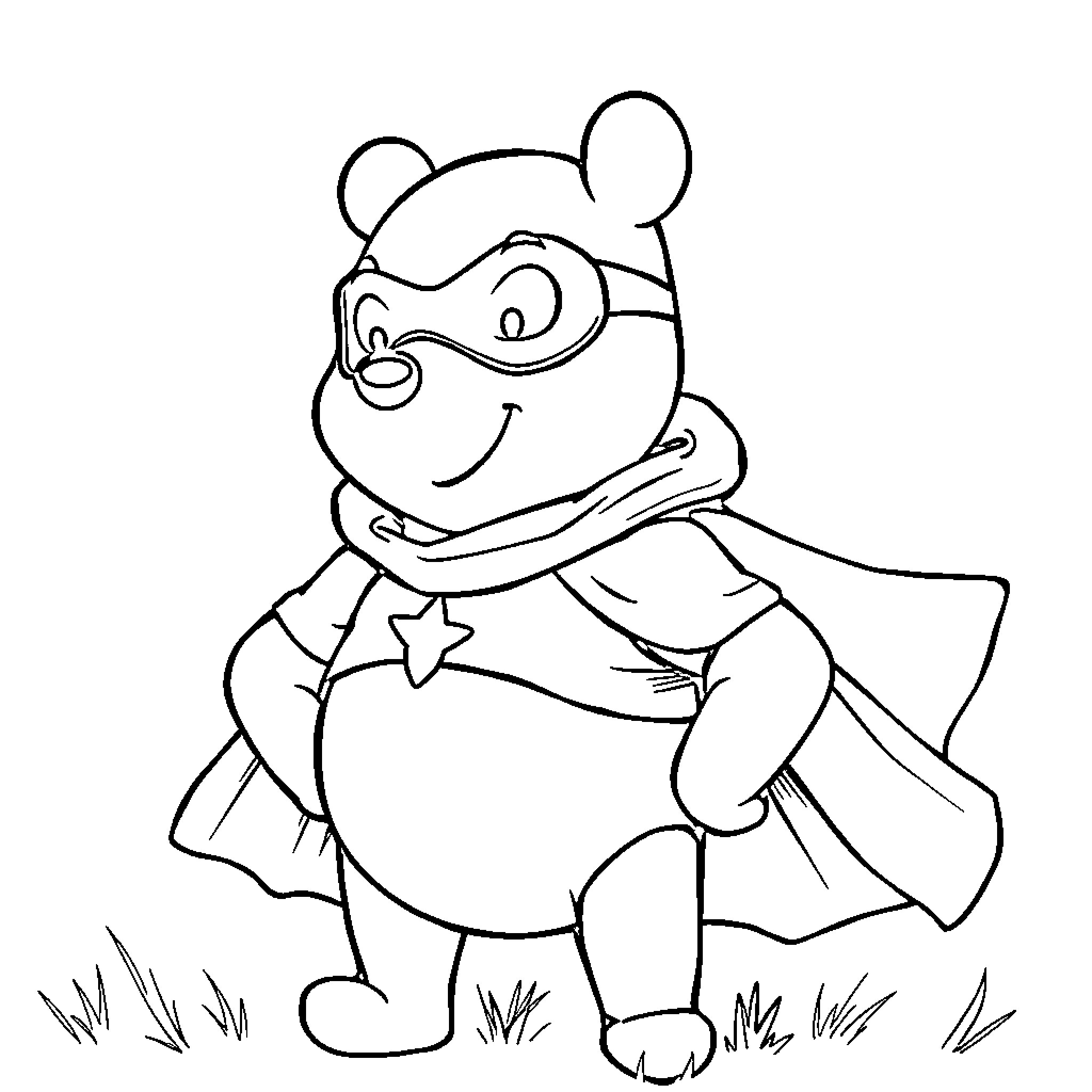 Winnie The Pooh Dressed as a Superhero Coloring Page (free black-and-white line drawing printable PDF for all, from beginners to advanced learners, including children, teens, adults, and seniors)